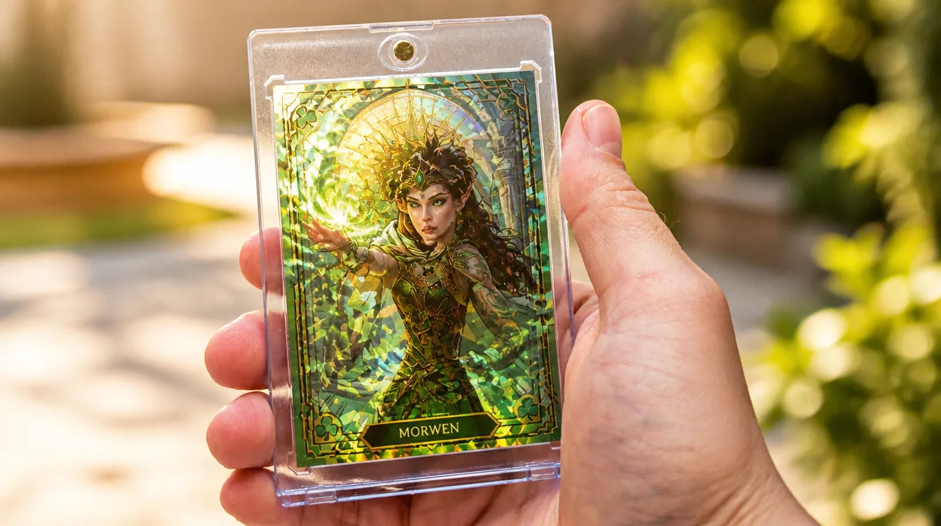 Custom fantasy card from an MTG card generator, held in a clear magnetic case