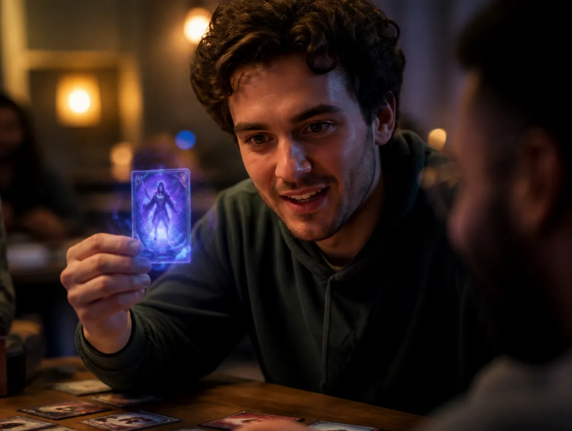 Player examining a glowing custom fantasy trading card on game night