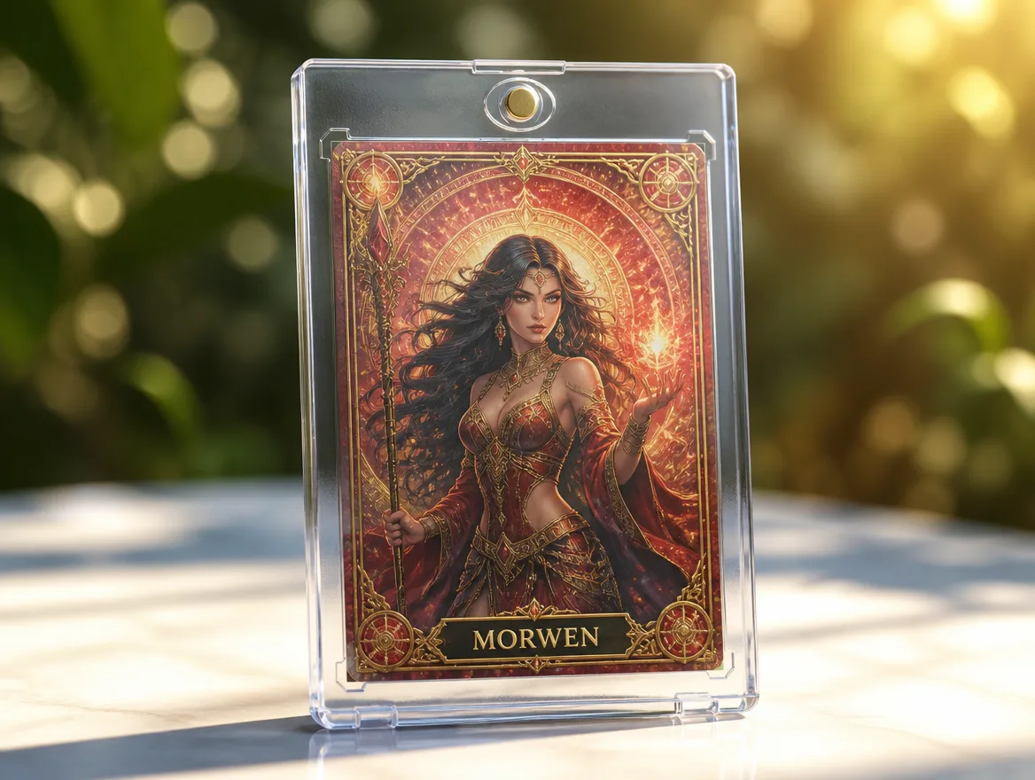 Custom fantasy trading card standing in a premium clear magnetic display case