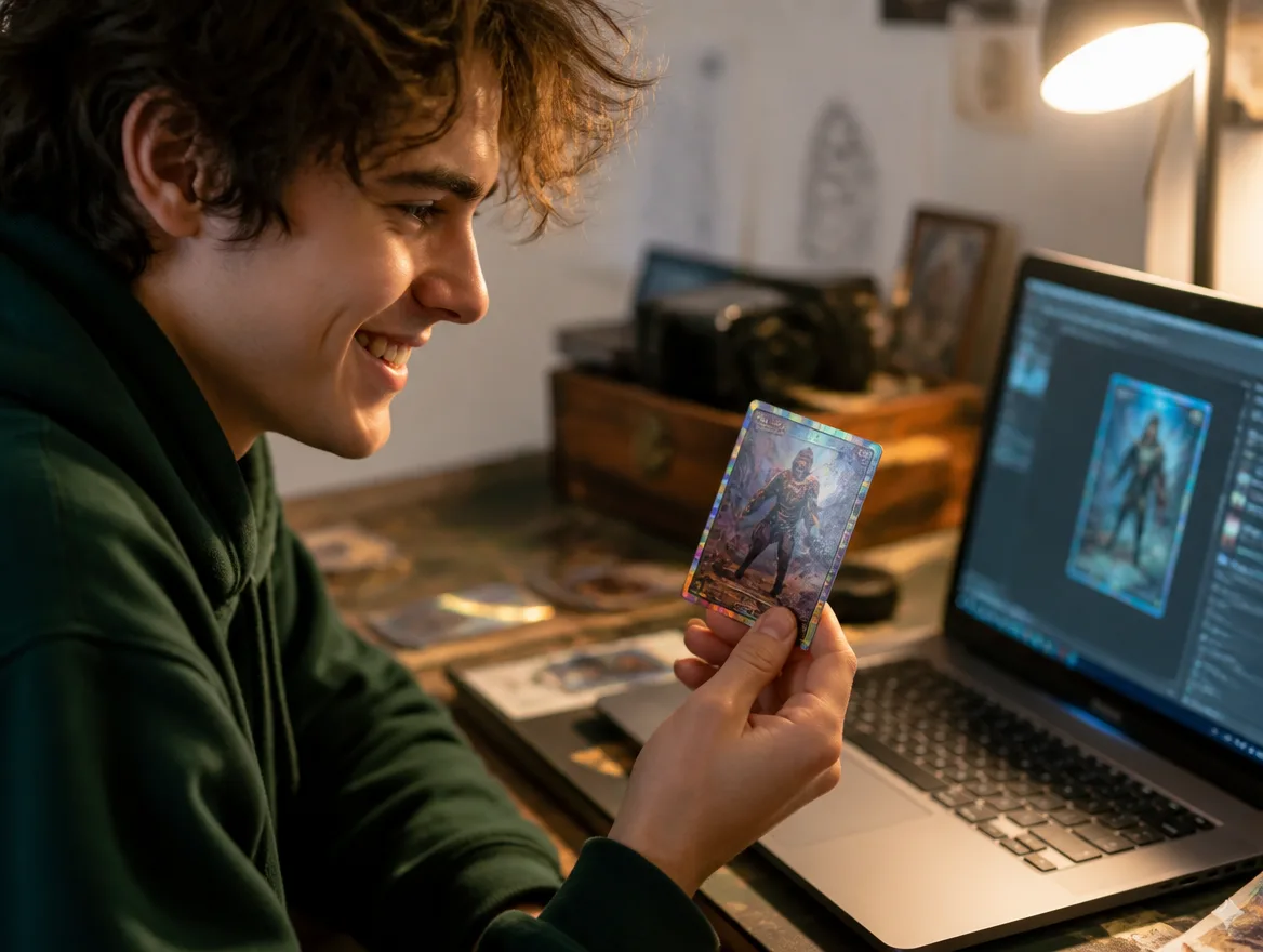 Person at a laptop holding a freshly printed custom fantasy card
