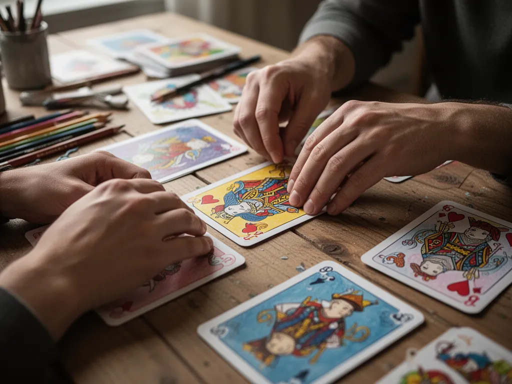 [Hands arranging custom card artwork and supplies during detailed card design creation process]