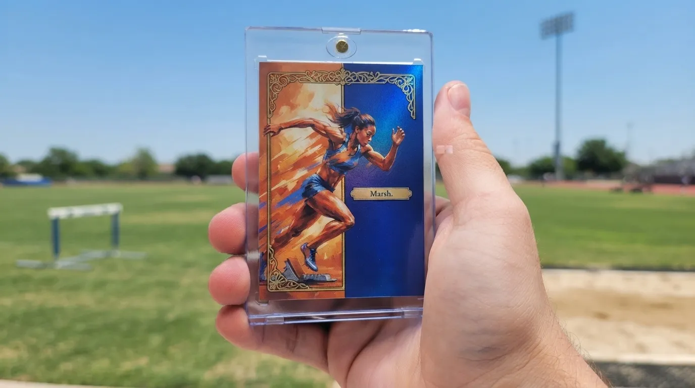 Hand holding magnetic case with mtg card maker sprinter trading card, blue sky background.