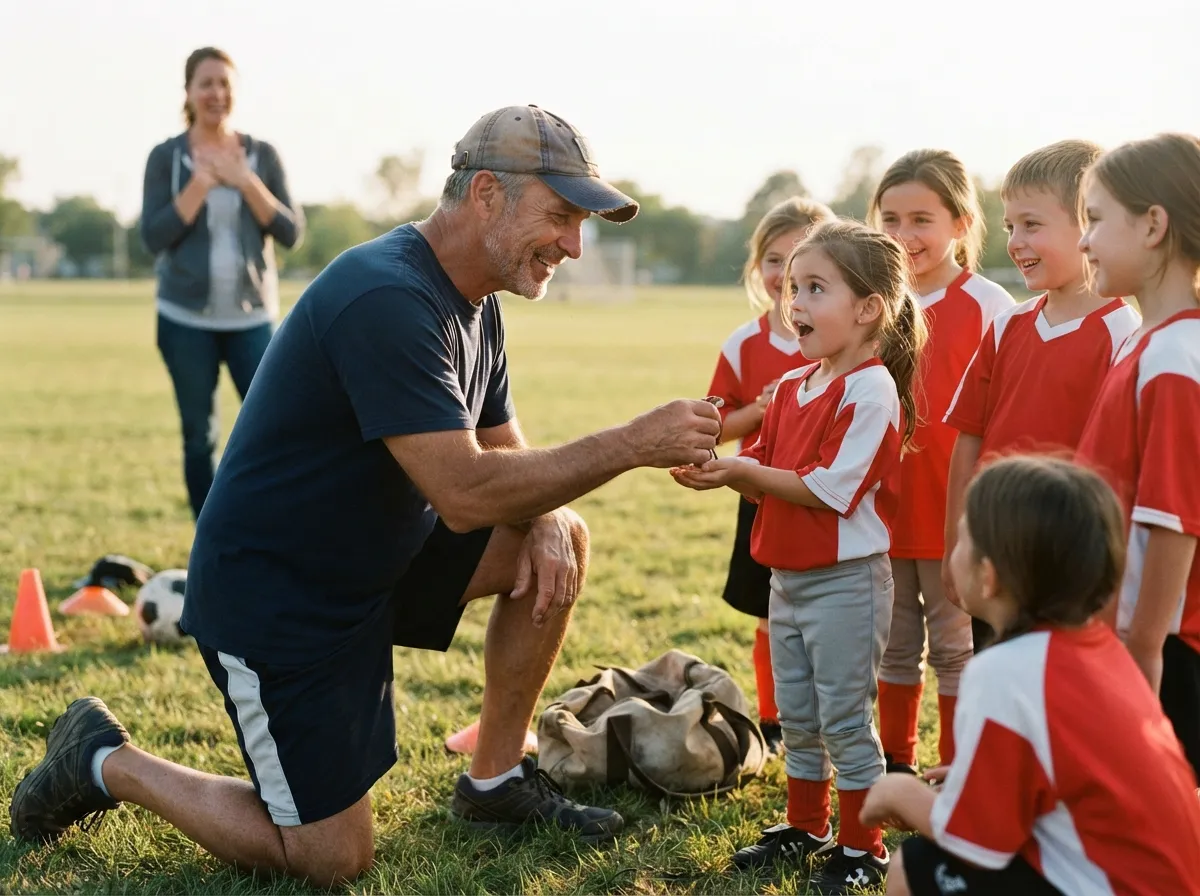 Coach and young athlete share a proud, emotional moment on a sunny sports field.