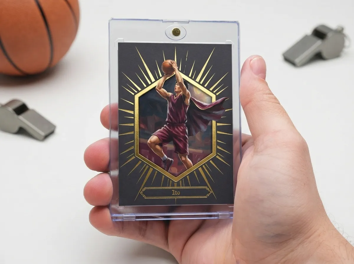 Custom sports trading card with gold foil burst design displayed in magnetic case.