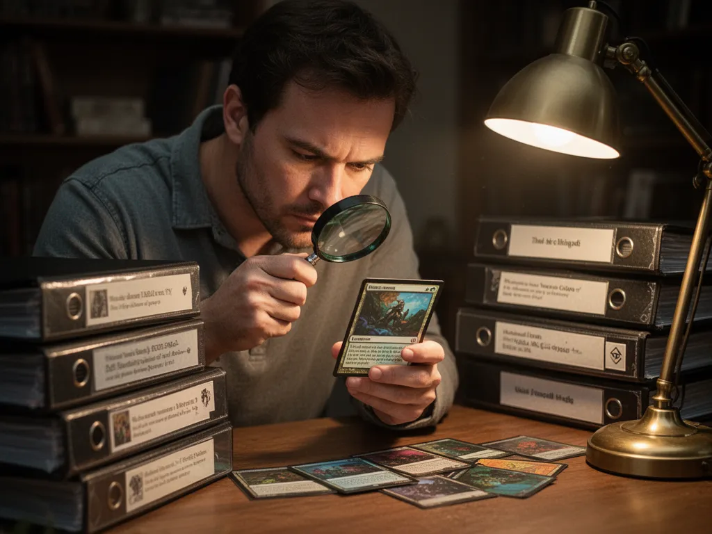 [Serious collector inspecting rare Magic card closely with magnifying glass and binders nearby]