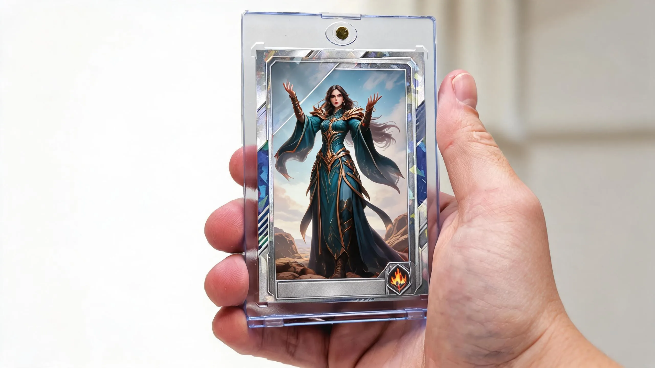 Hand holding magnetic case with fantasy full-art trading card, illustrating mtg card size standard.