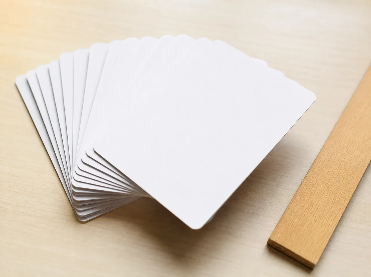 A fan of standard-size trading cards on a desk beside a ruler