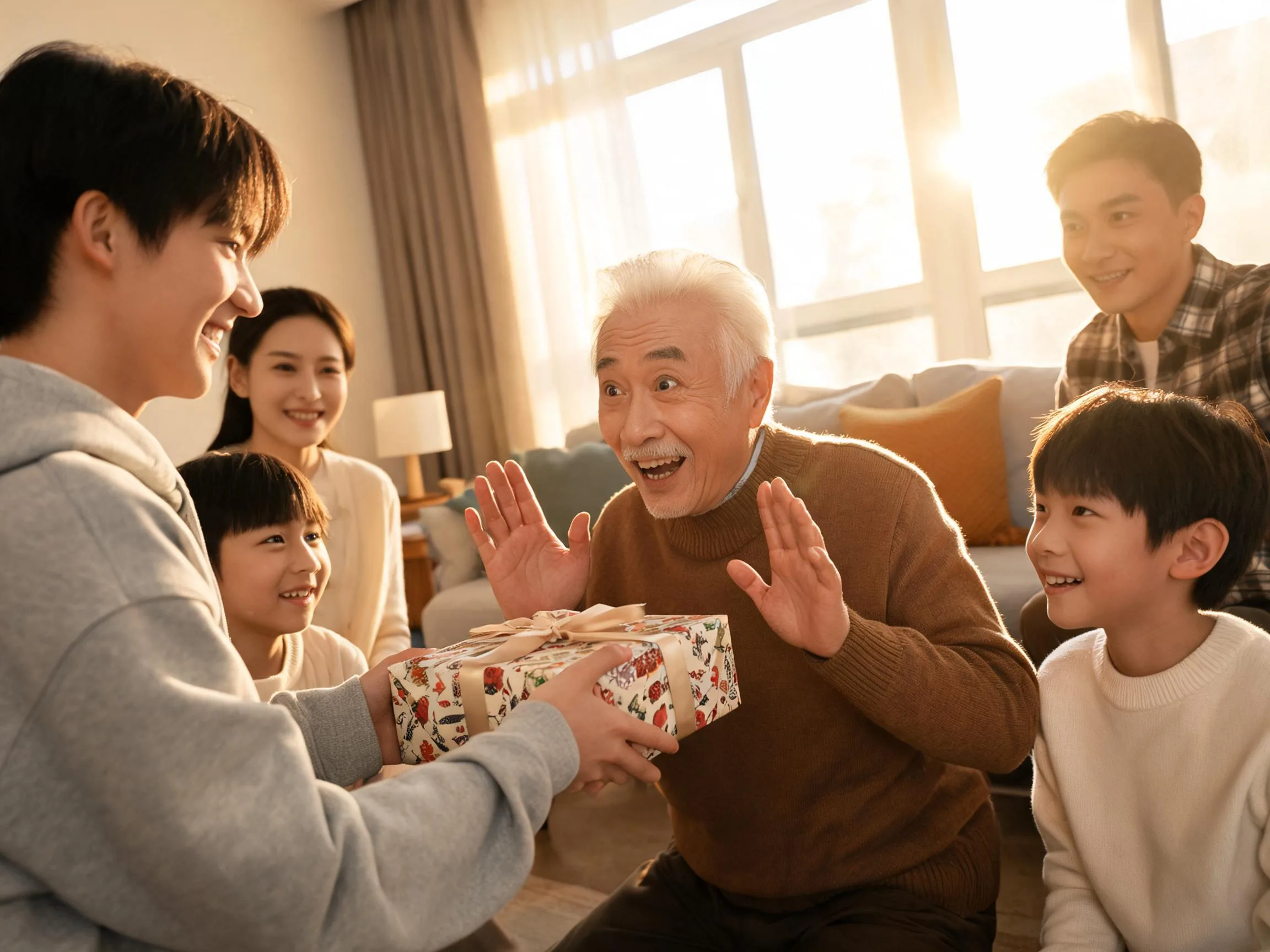 Grandfather reacting with genuine surprise to an unexpected gift from family.