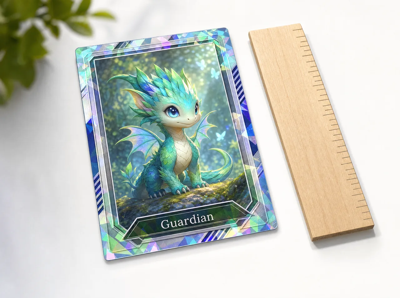 Custom trading card beside a ruler showing standard MTG card size