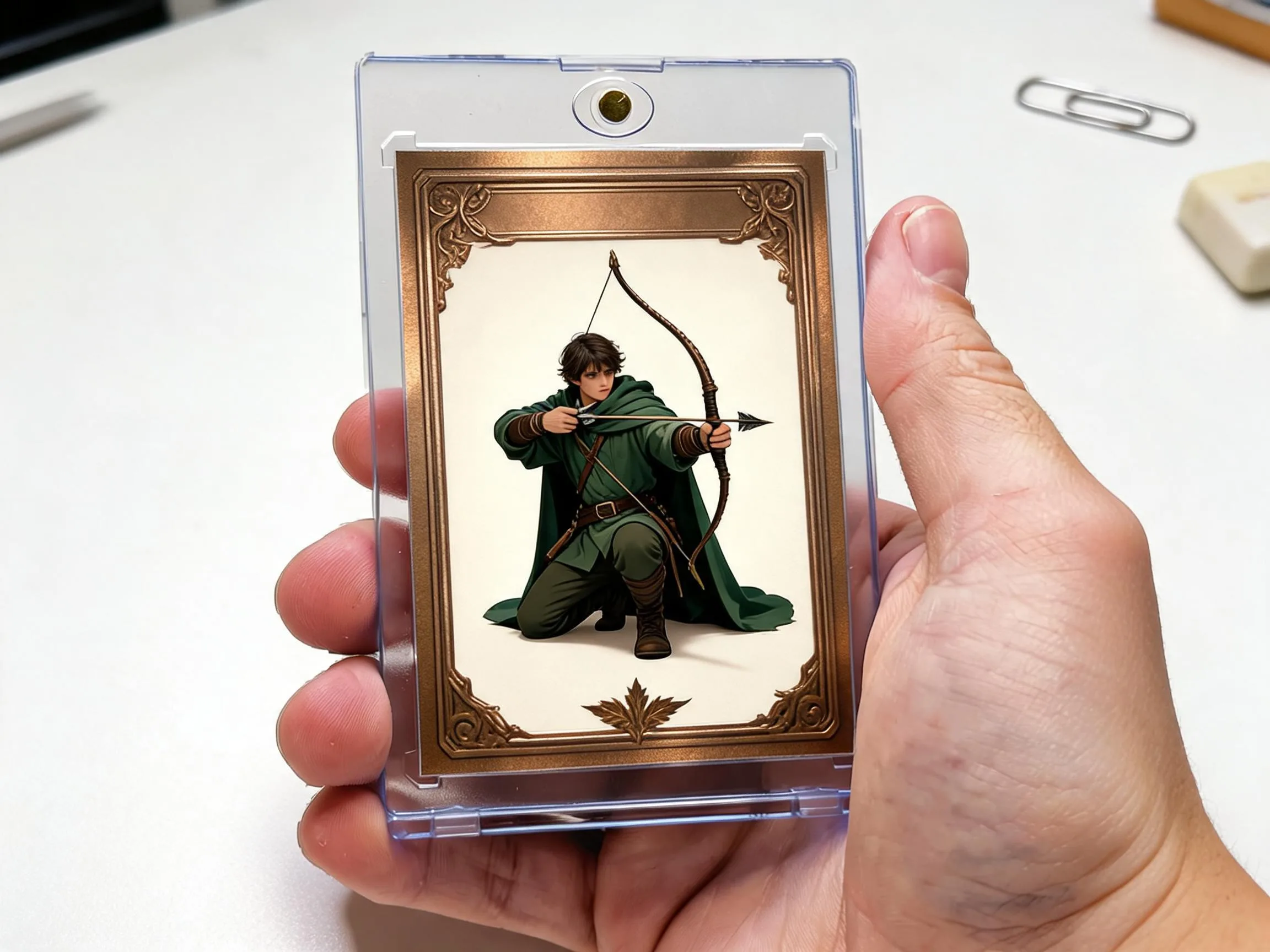 Custom keepsake fantasy trading card in magnetic case displayed on white tabletop.