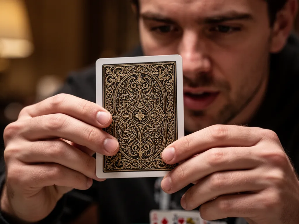 [Collector's hands carefully holding detailed custom card back with focused expression visible]