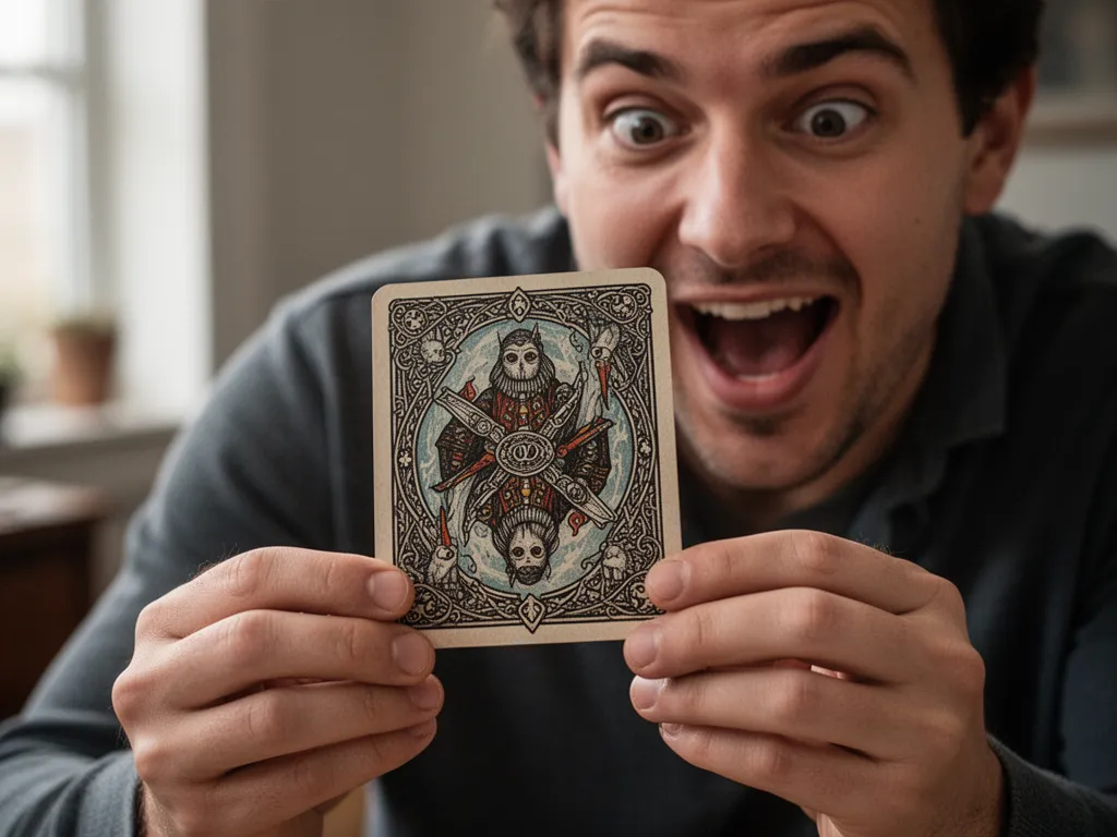 [Player's hands holding a custom card with focused expression of creative satisfaction]