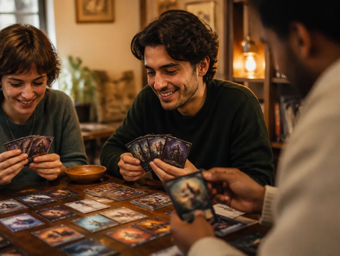 Friends playing a fantasy trading card game at a table