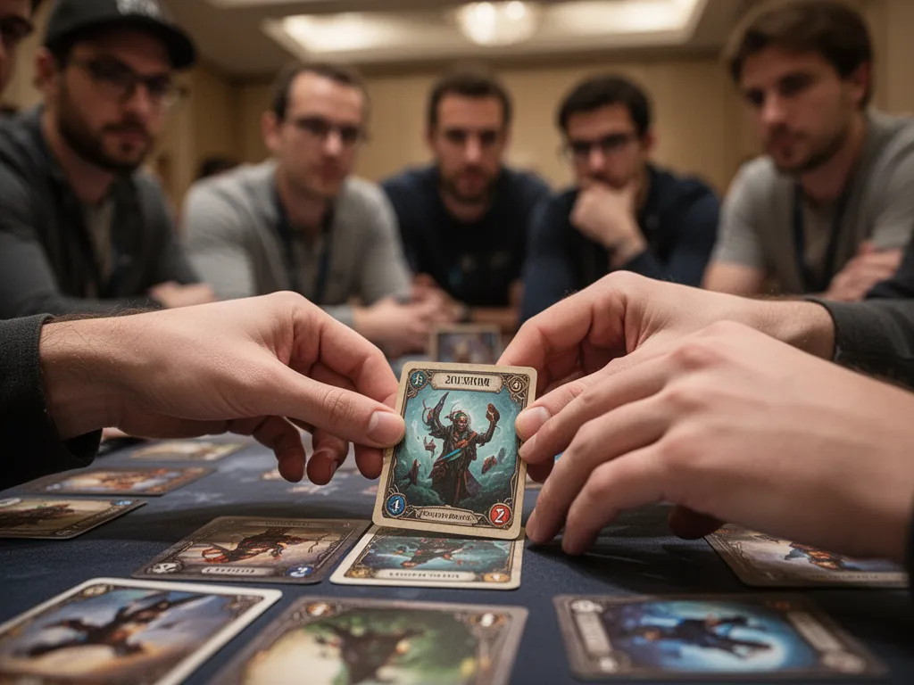 [Player's hands strategically placing custom card during competitive match with focused spectators watching in background]