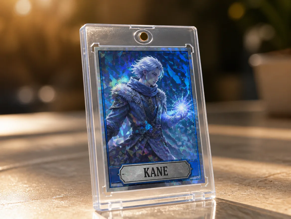 Custom fantasy trading card displayed in a premium magnetic case
