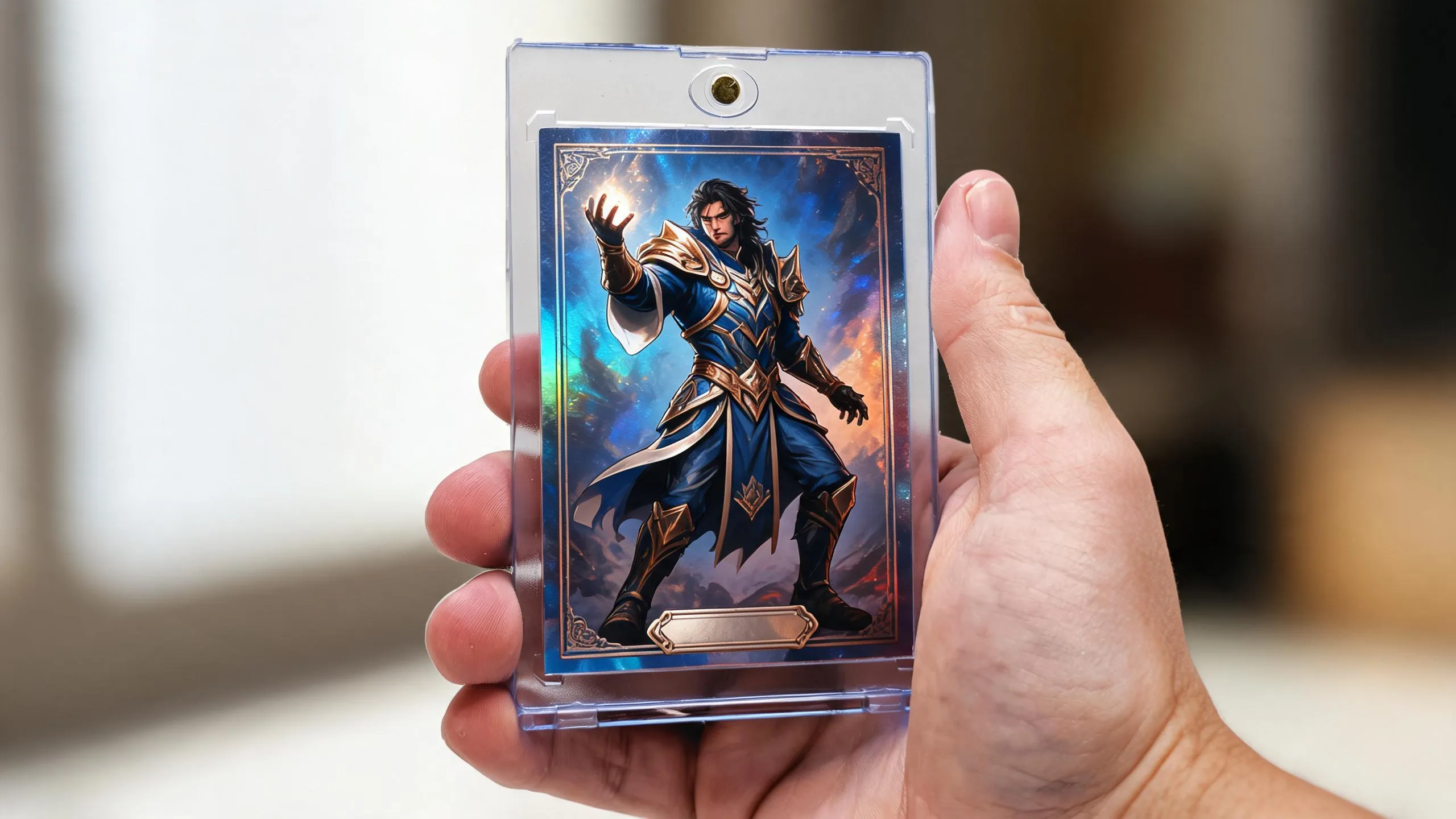 Hand holding magnetic case with holographic mtg custom proxies fantasy card, warrior-mage full-art illustration.
