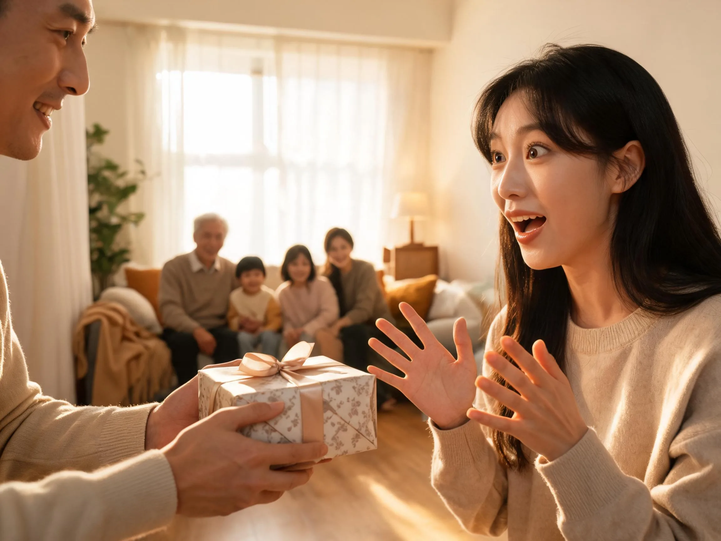 Family member reacting with genuine surprise to an unexpected gift in warm light.