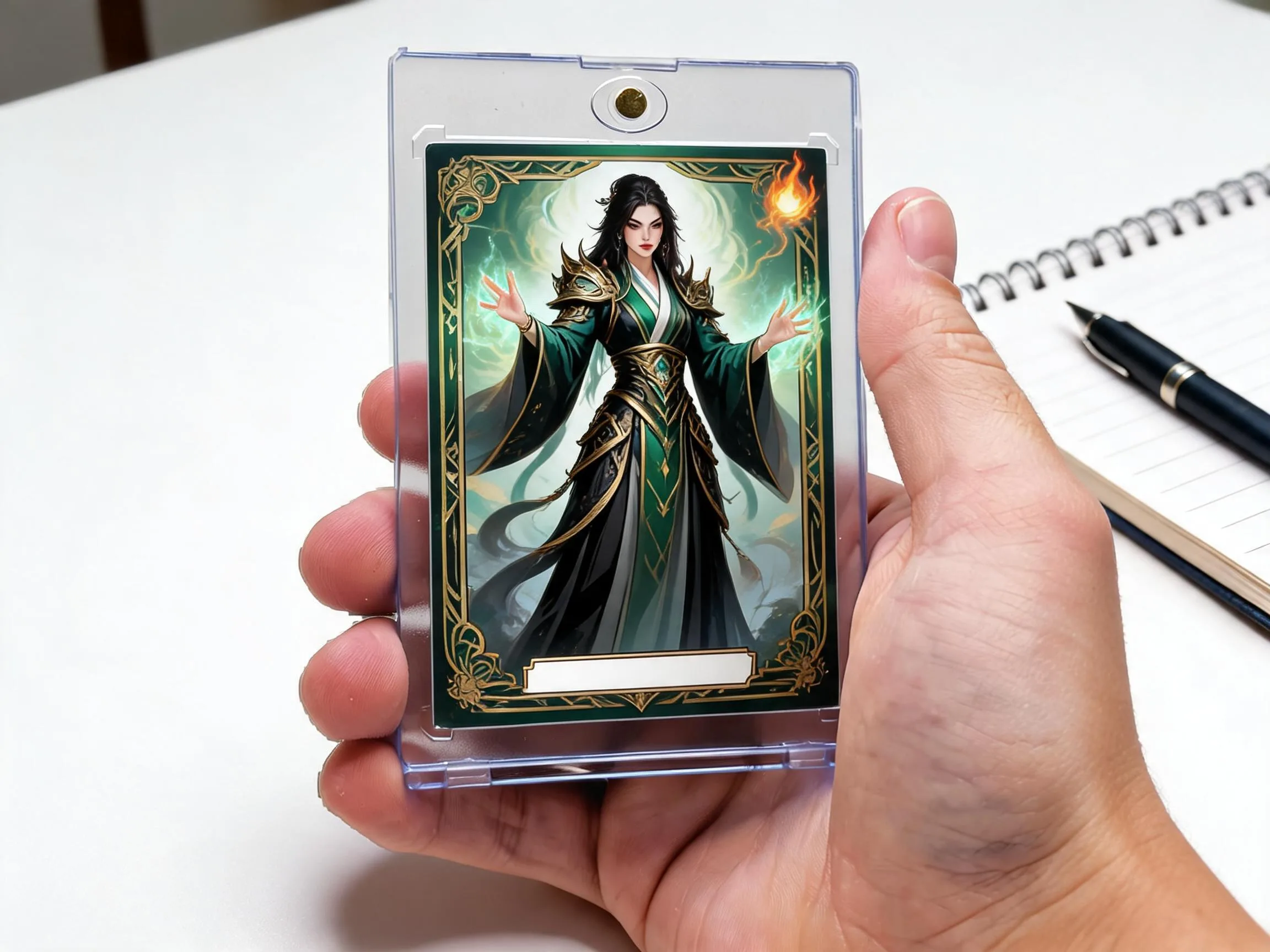 Custom keepsake trading card of sorceress illustration displayed in clear magnetic protective case.