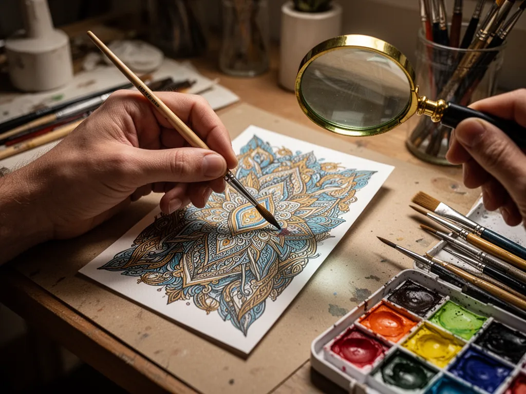 [Artist's hand meticulously painting detailed artwork on custom trading card with focused intensity]