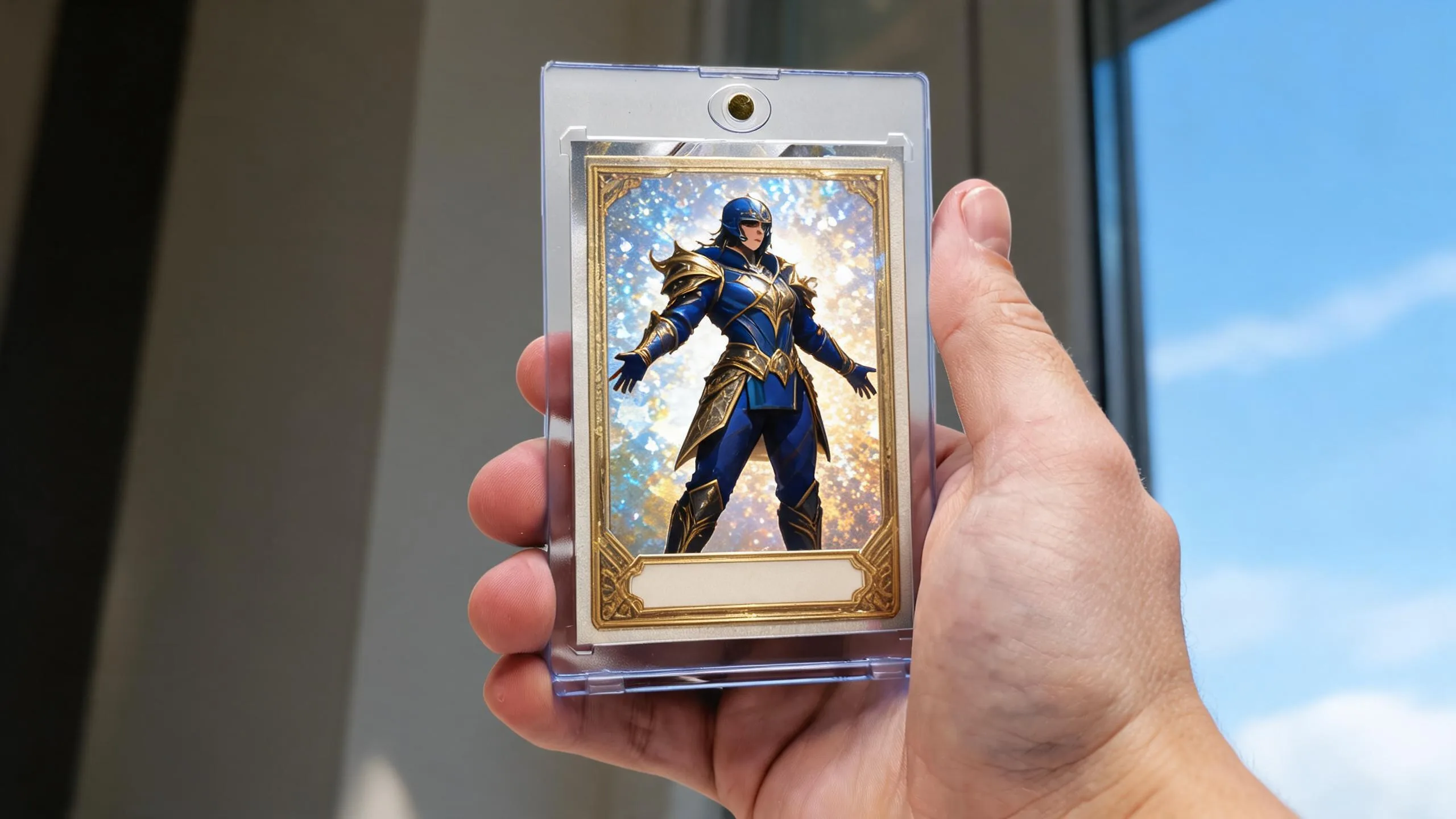 Hand holding a magnetic case with a custom holographic mtg custom token maker fantasy card.