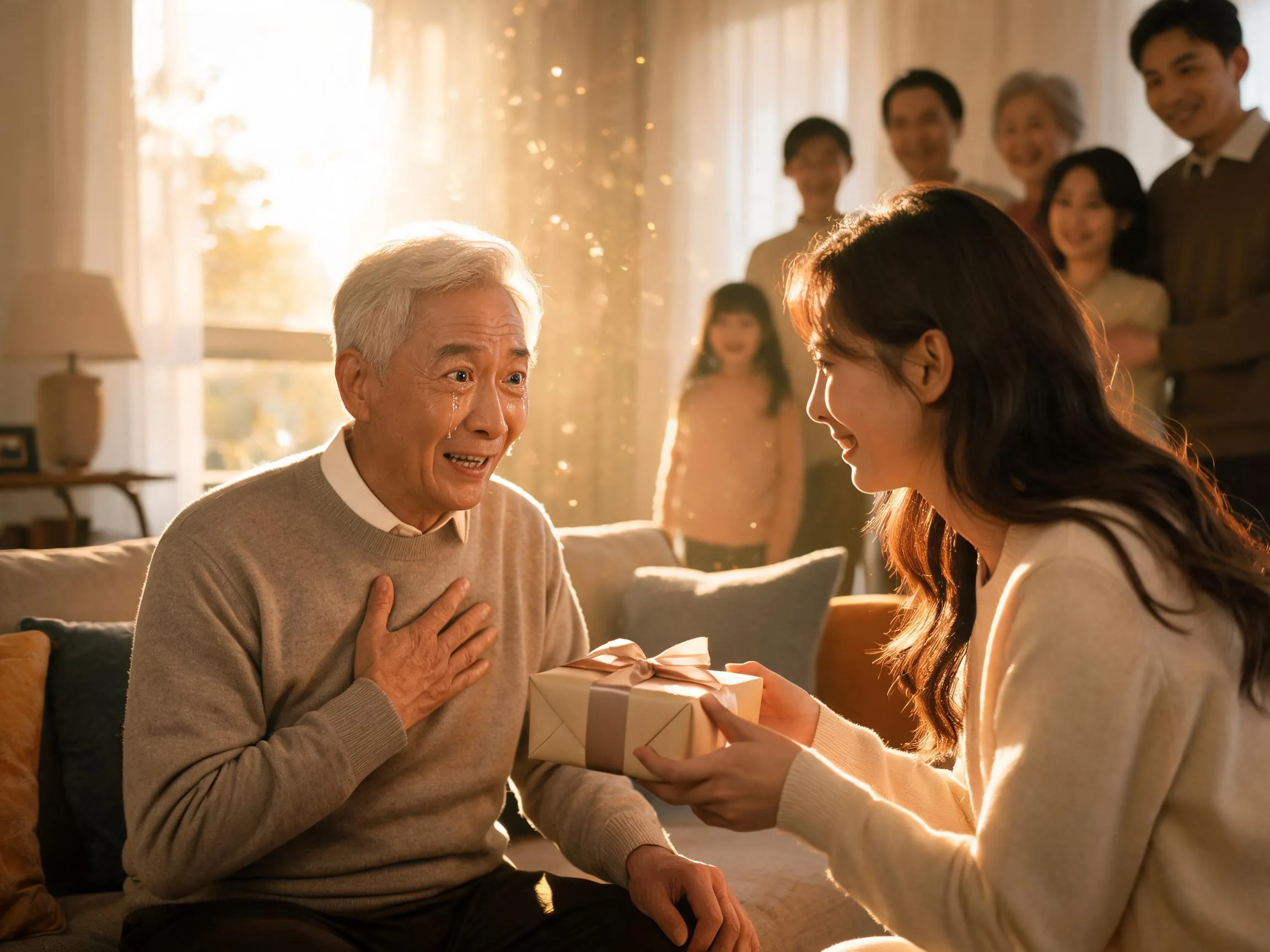 Elderly man reacts with joyful surprise while receiving an unexpected gift from family.