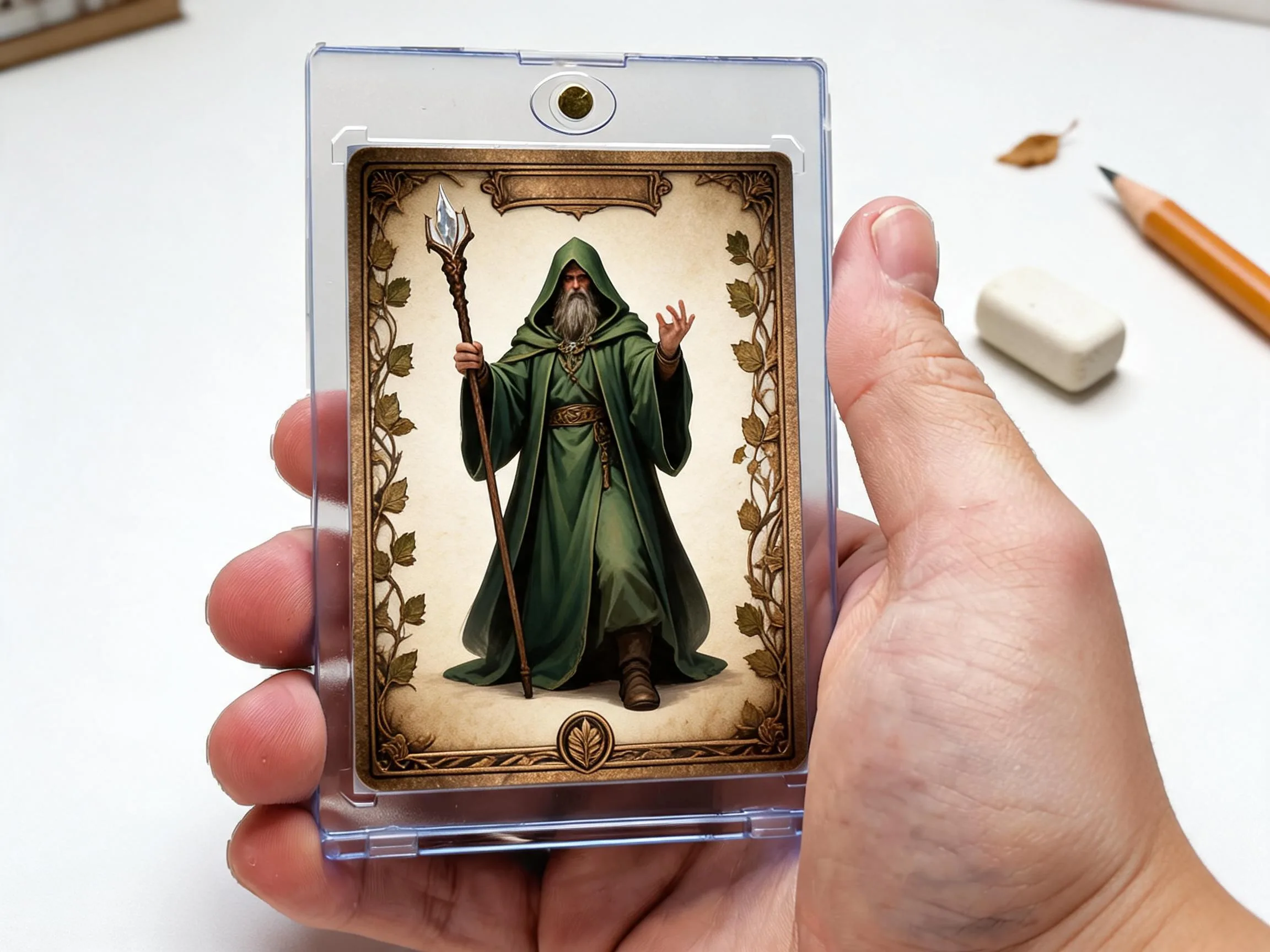 Custom keepsake trading card in a magnetic case displayed on a white tabletop.