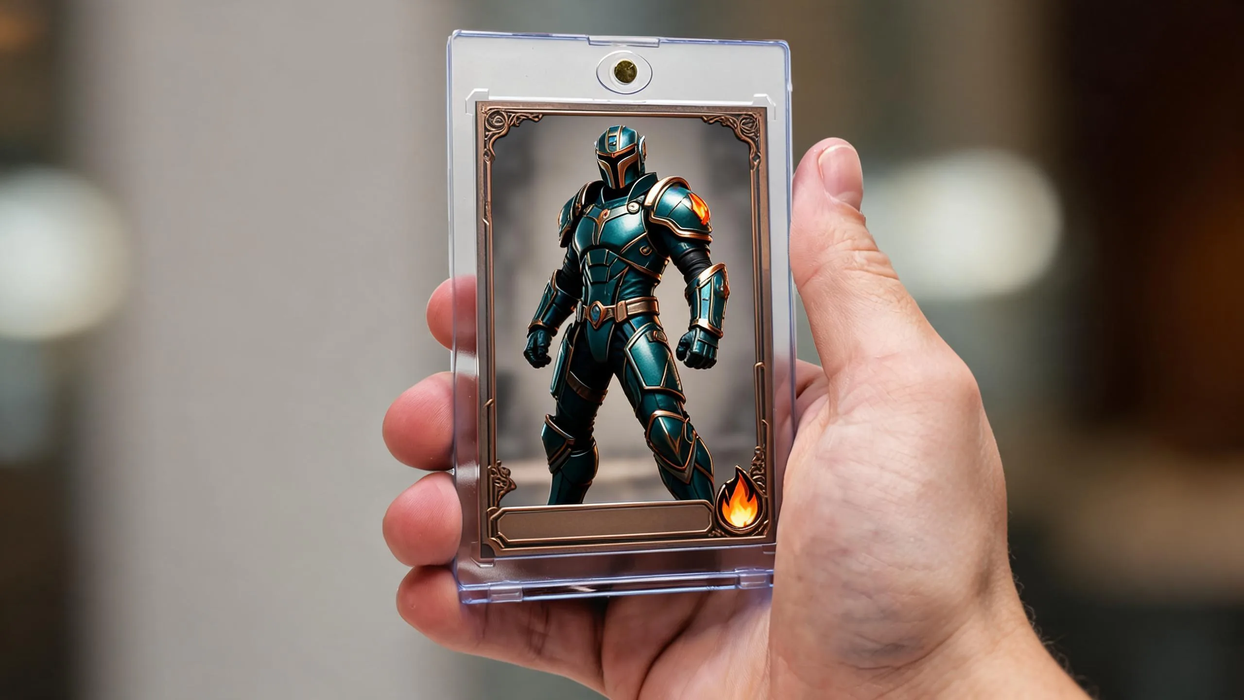 Hand holding a magnetic case with an mtg custom tokens style illustrated ranger card, blank title bar.