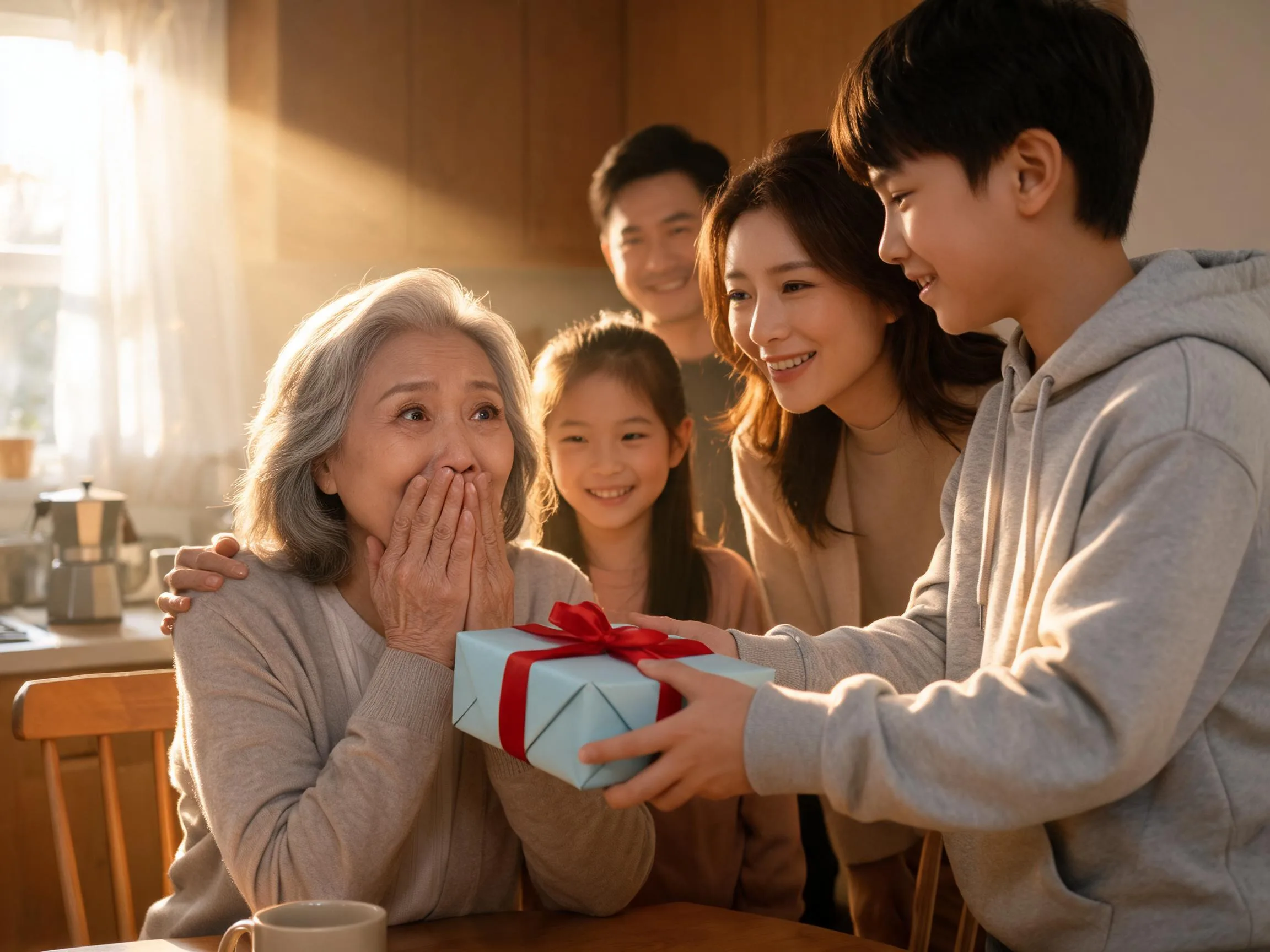 Grandmother reacting with joyful surprise as family surprises her with an unexpected gift.