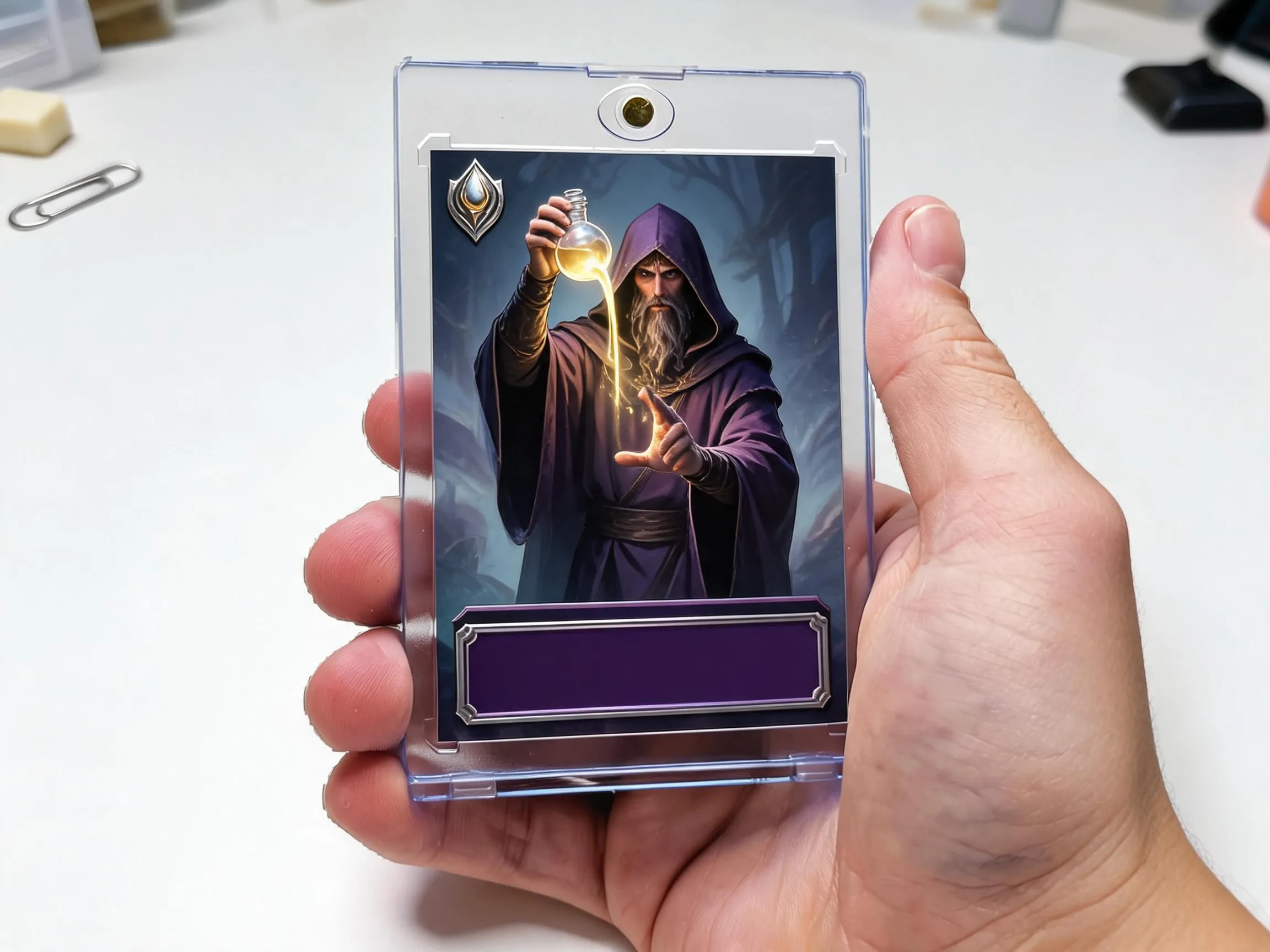 Custom keepsake trading card in a magnetic case, alchemist artwork with blank title bar.