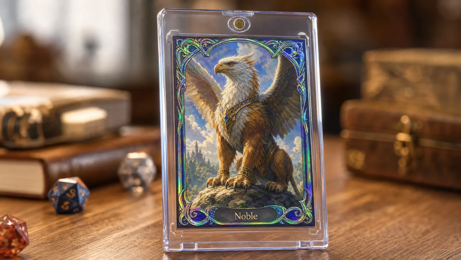 Custom MTG proxy card with original fantasy art in a clear magnetic display case