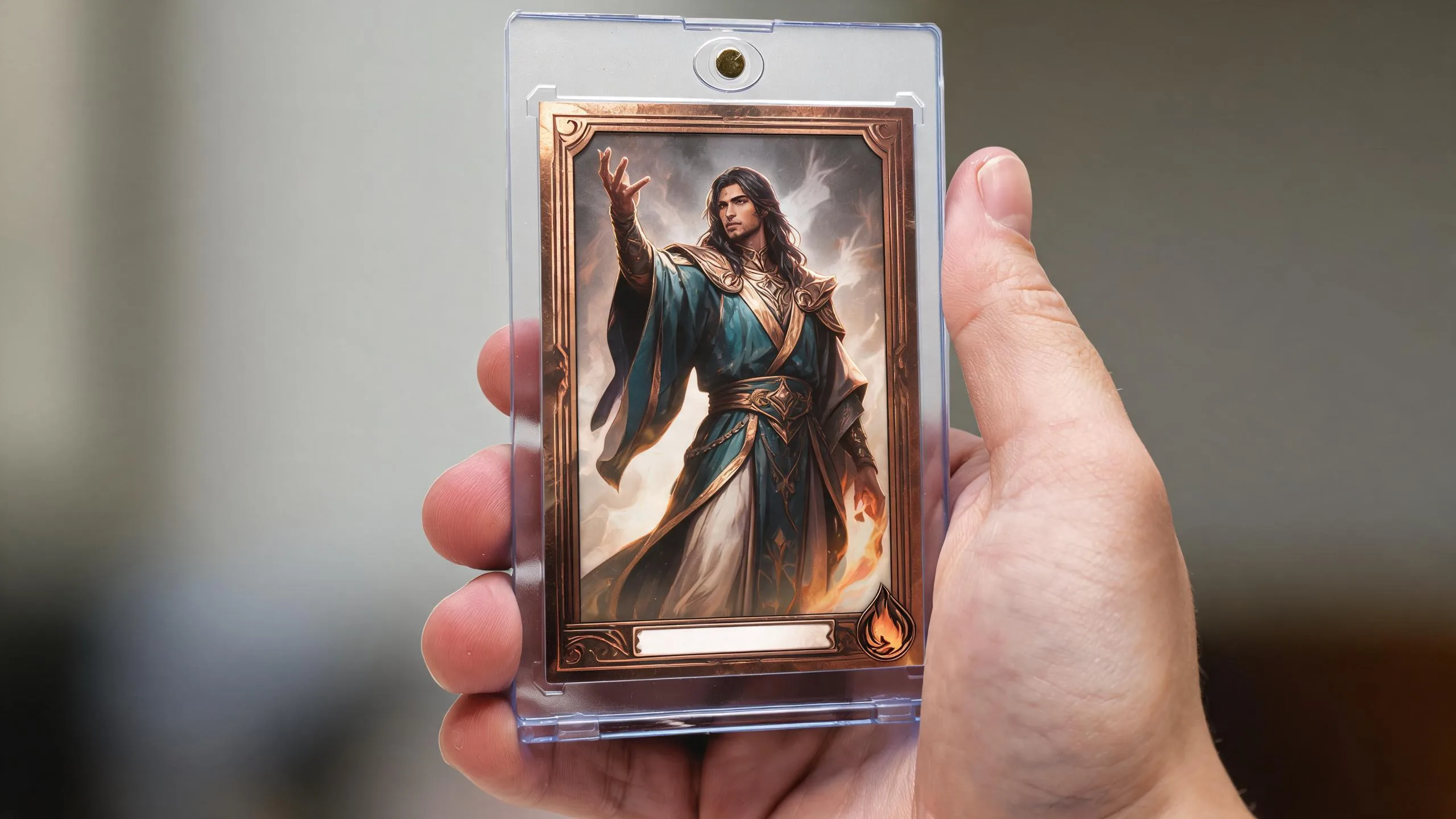 Hand holding magnetic case with fantasy full-art mtg proxies trading card, blank title bar.