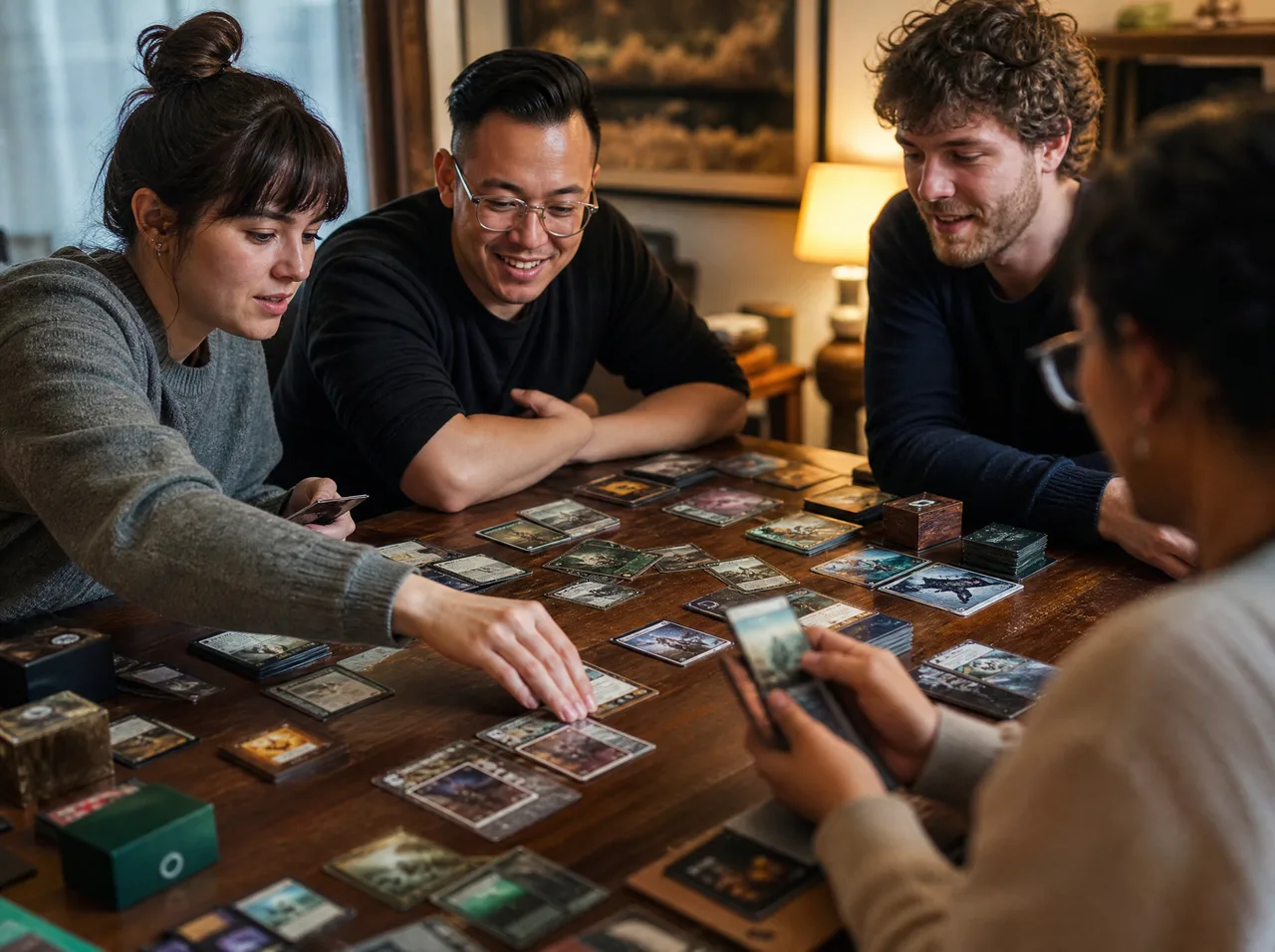 Friends playing a fantasy trading card game around a wooden table
