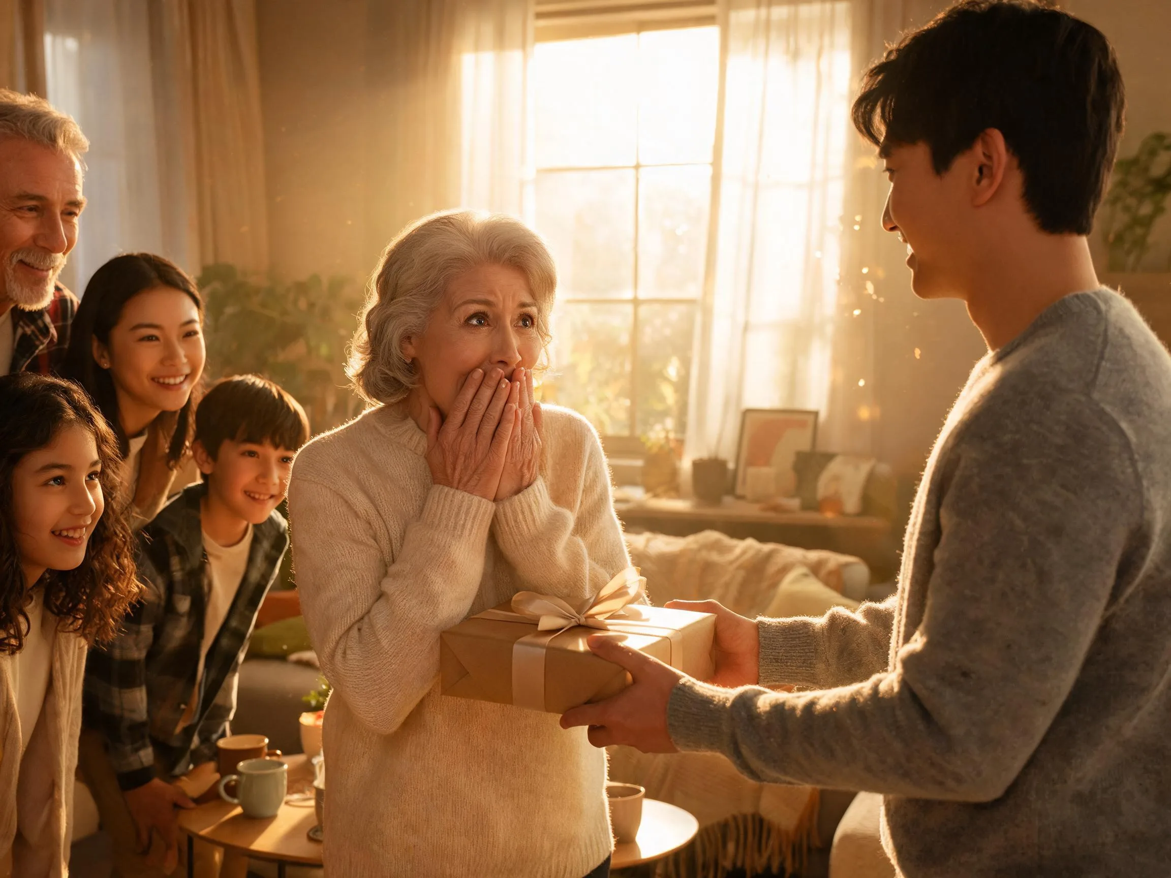 Family member reacting with joyful surprise while receiving an unexpected gift indoors.