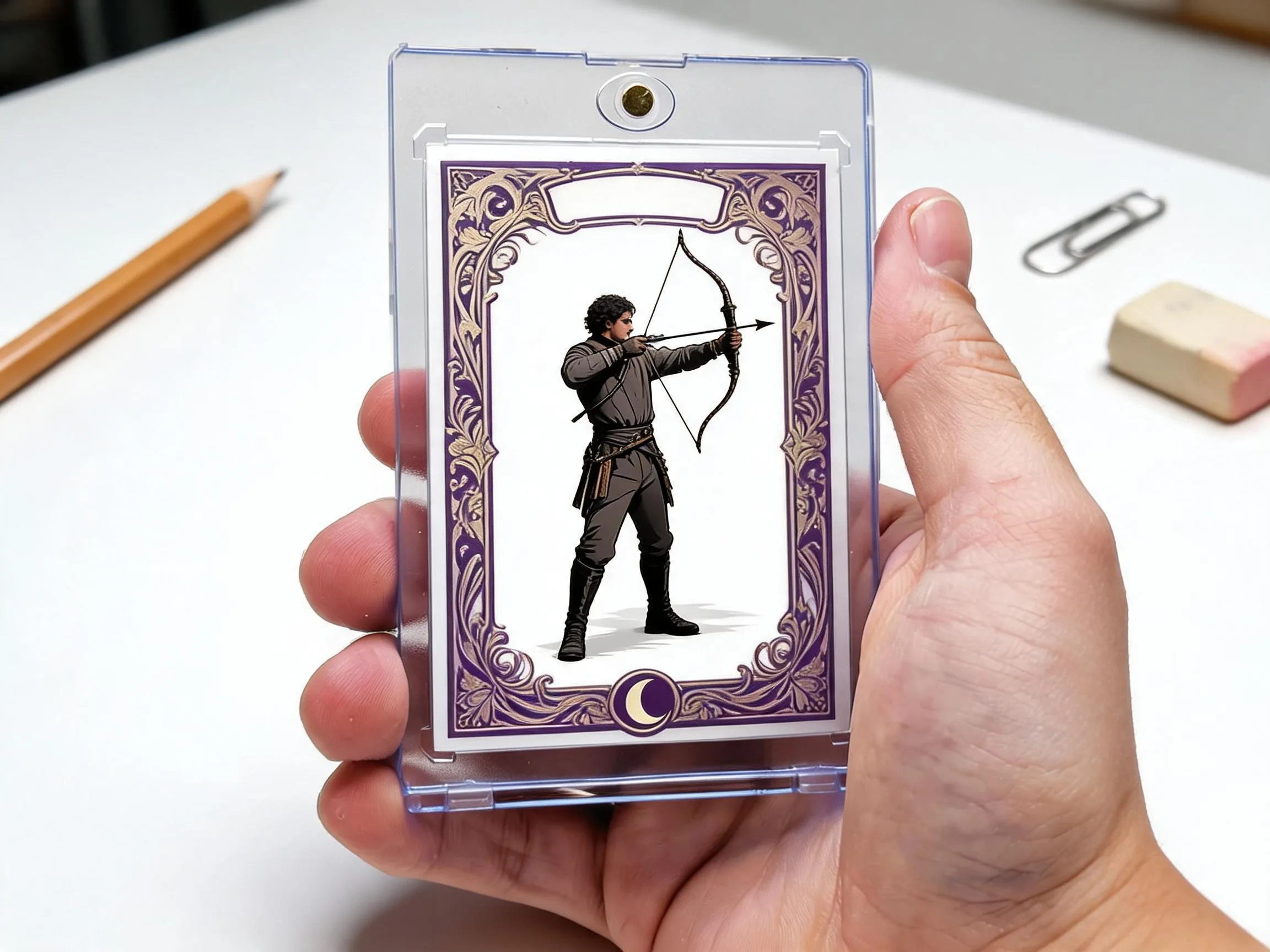 Custom keepsake fantasy trading card in magnetic case displayed on white tabletop.