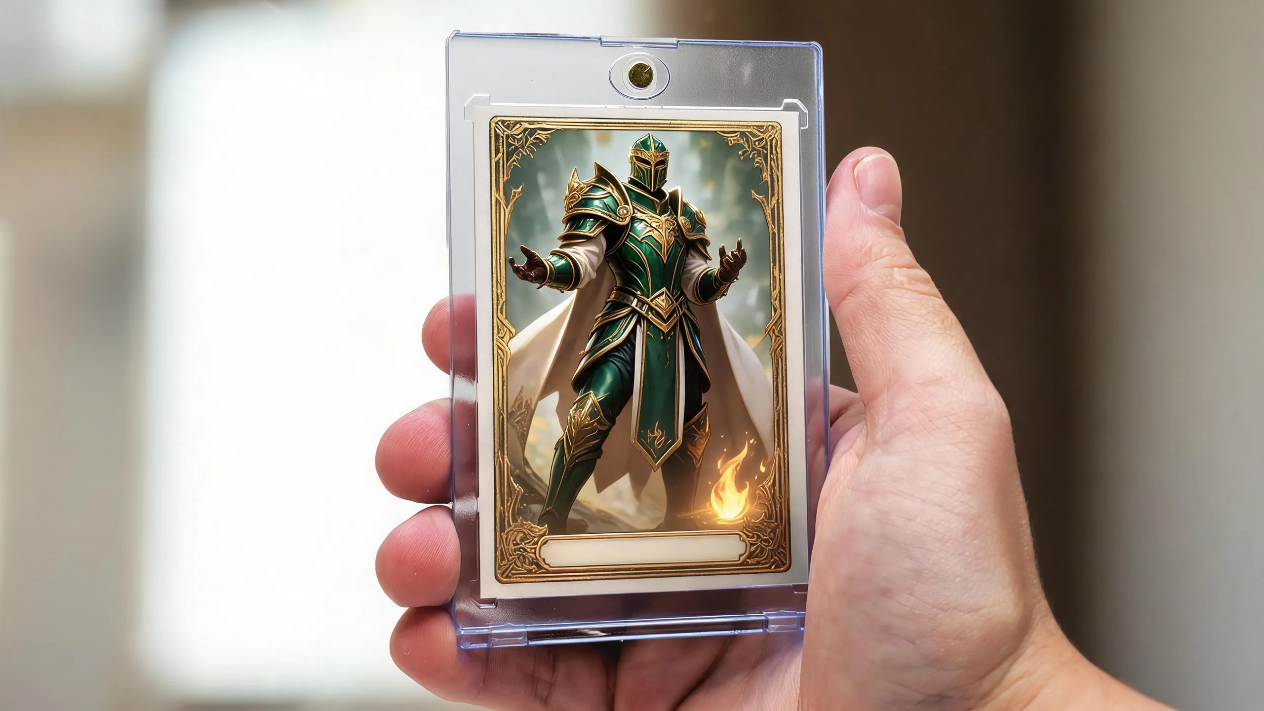 Hand holding magnetic case with fantasy trading card, mtg proxy card maker product photo.