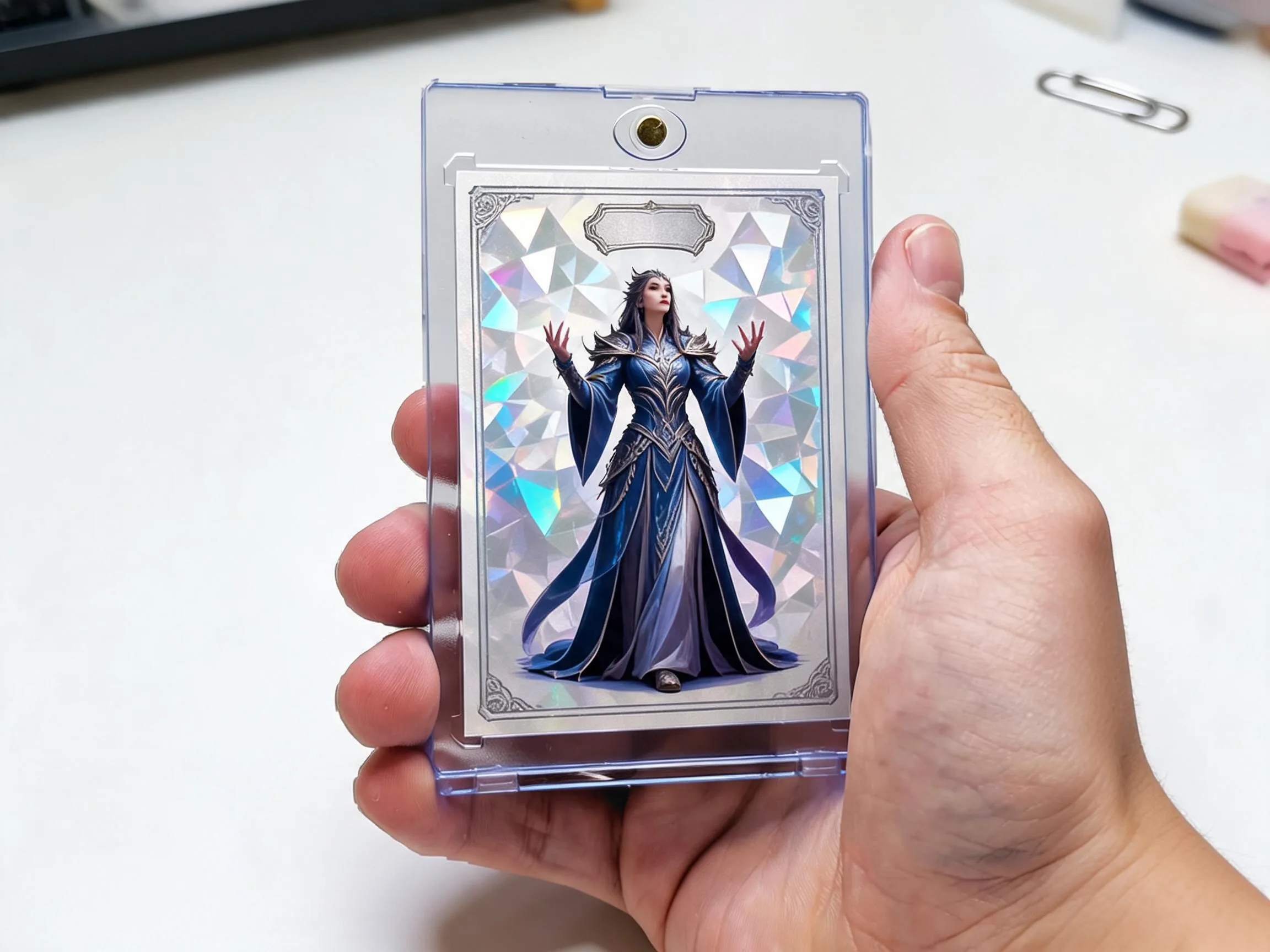 Custom keepsake trading card in magnetic case displayed on white tabletop.