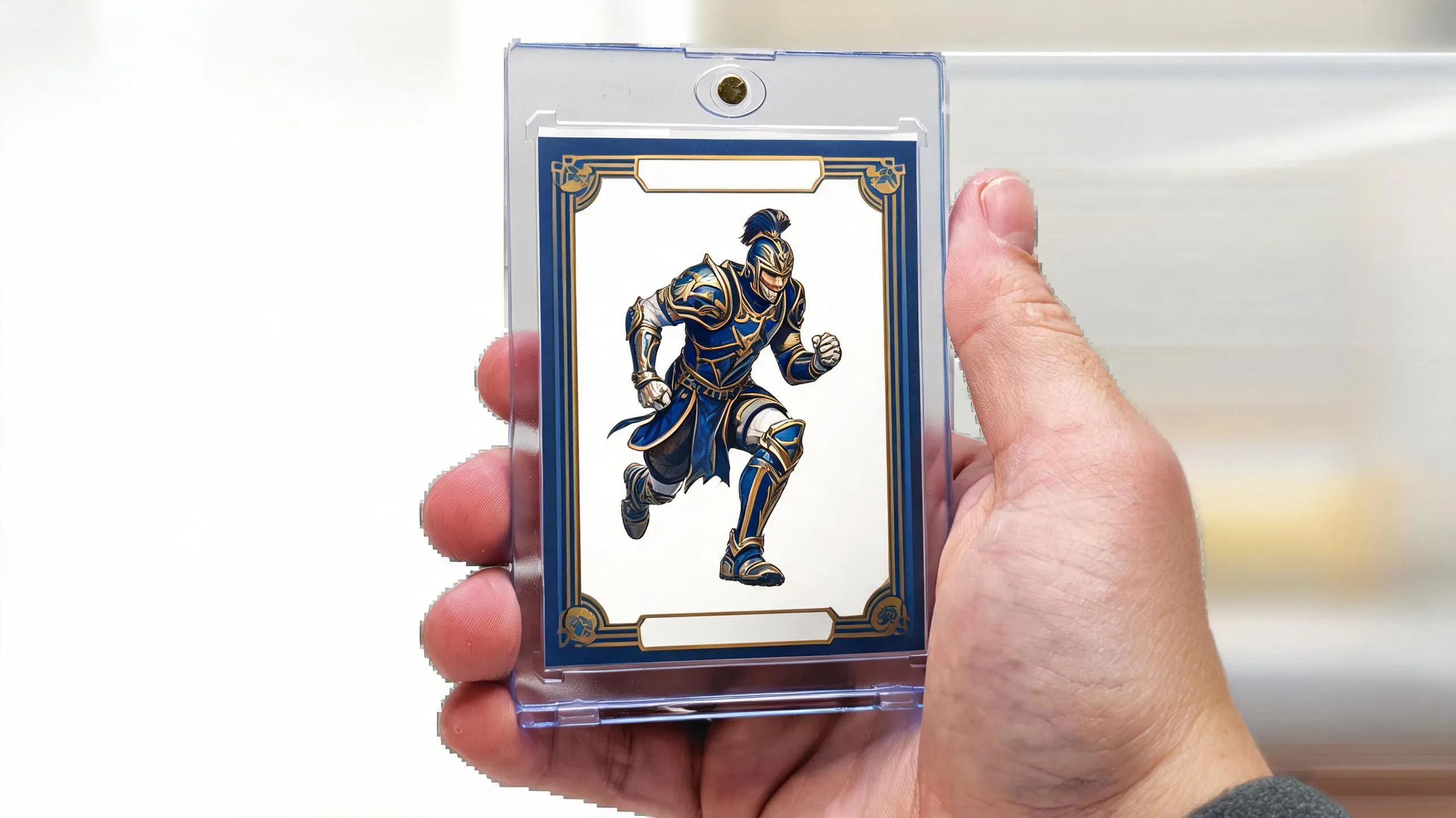 Hand holding magnetic case with fantasy trading card, sample from mtg proxy creator card design tool.