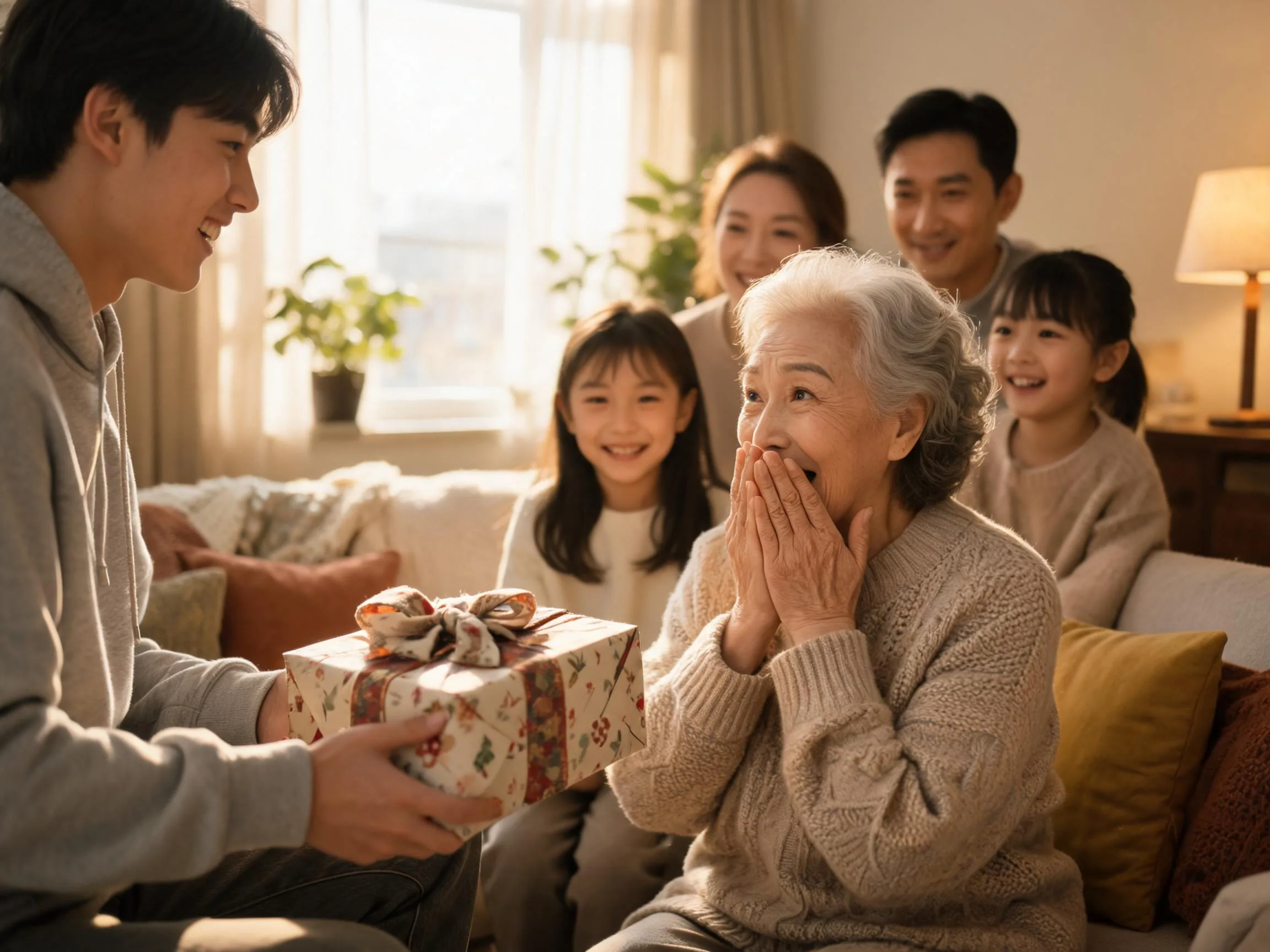 Grandmother's joyful surprised reaction receiving an unexpected gift from family.