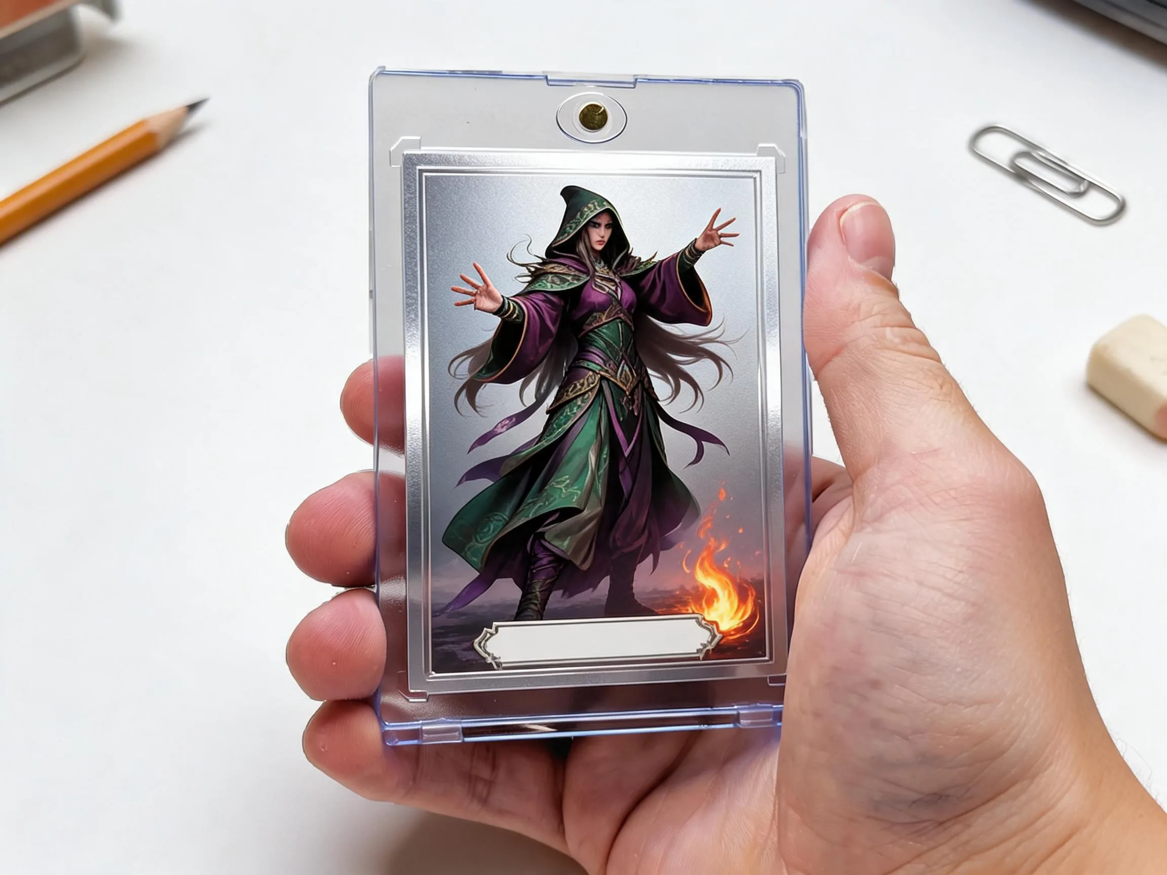 Custom keepsake trading card in magnetic case displayed on white tabletop surface.