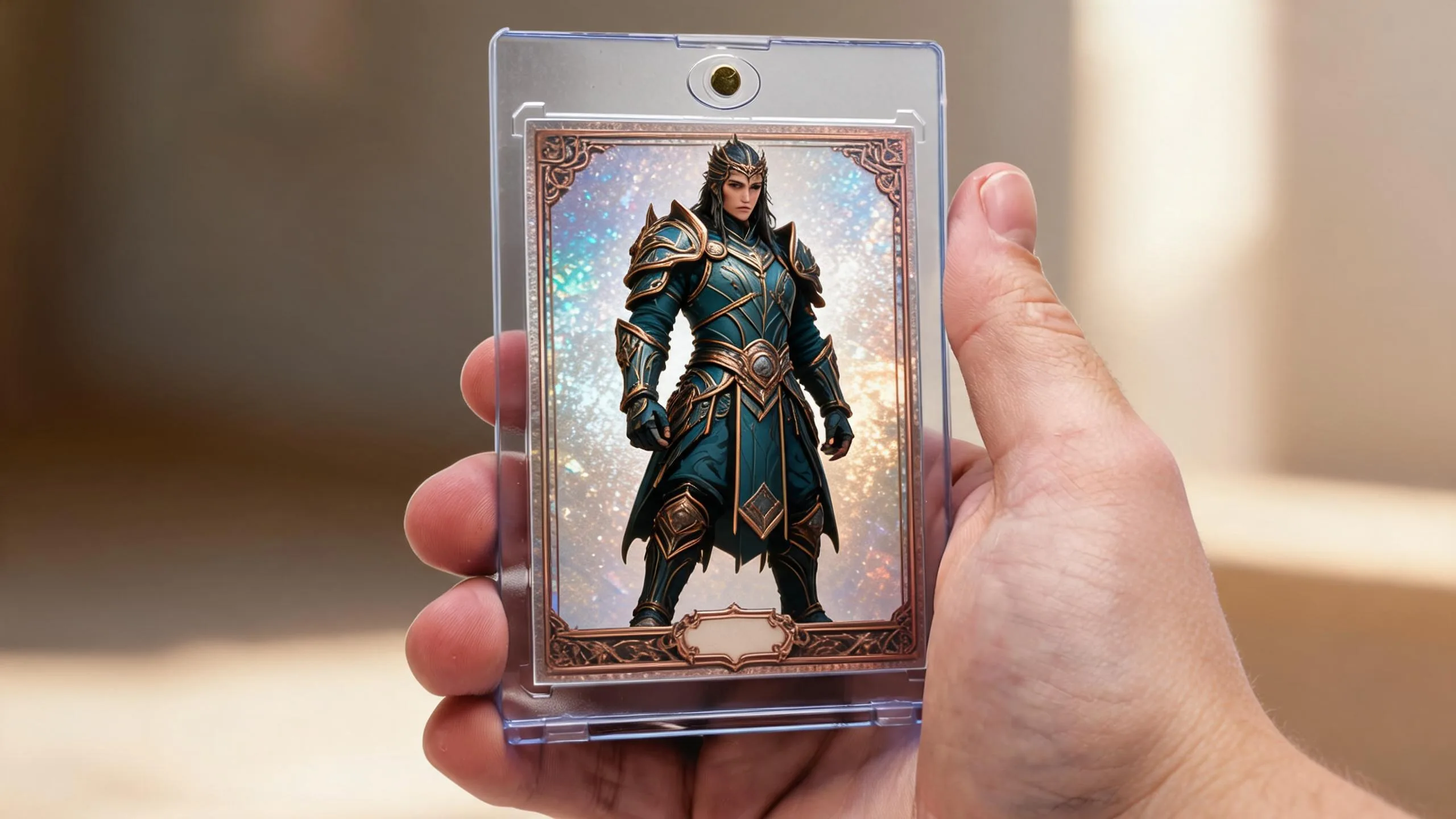 Hand holding magnetic case with holographic fantasy card, showcasing mtg proxy designer craftsmanship.