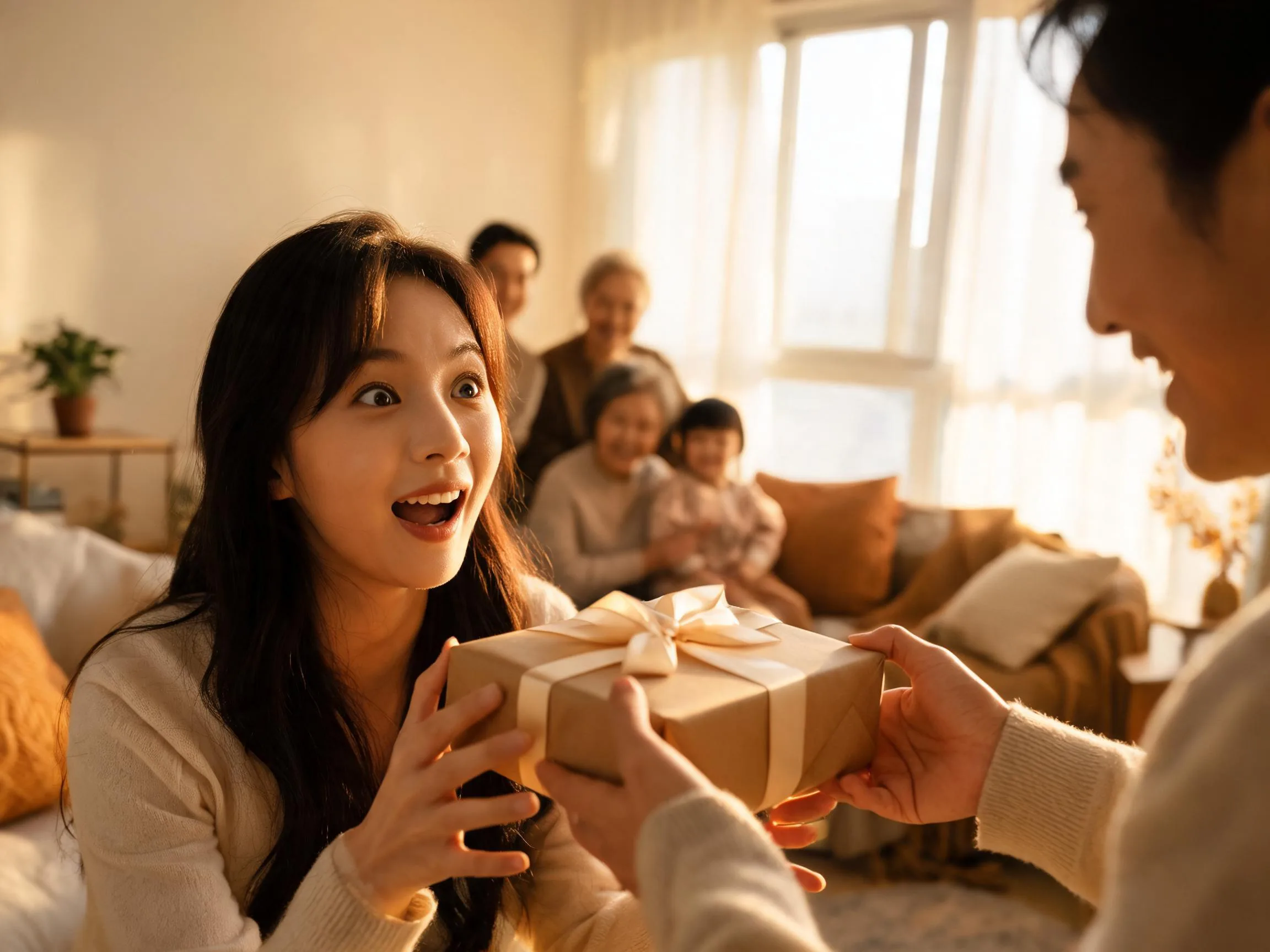 Person reacting with joyful surprise while receiving an unexpected gift indoors.
