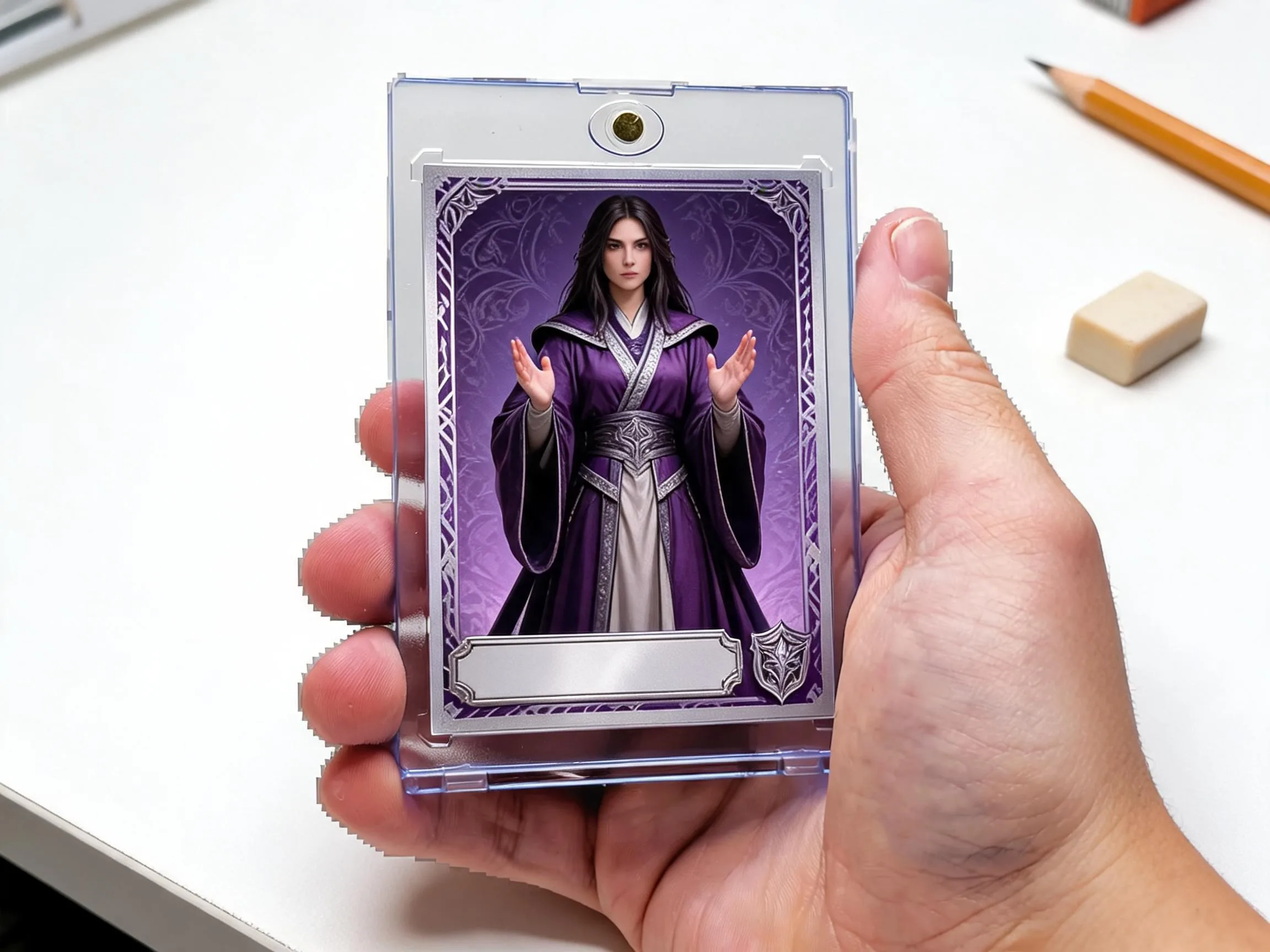 Custom keepsake trading card with silver-violet border displayed in magnetic case.