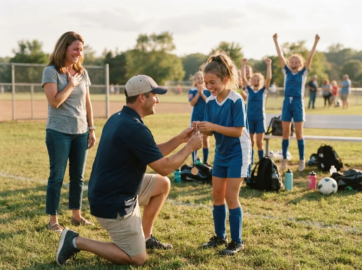 Coach and young athlete share a proud, emotional moment on a sunny sports field.