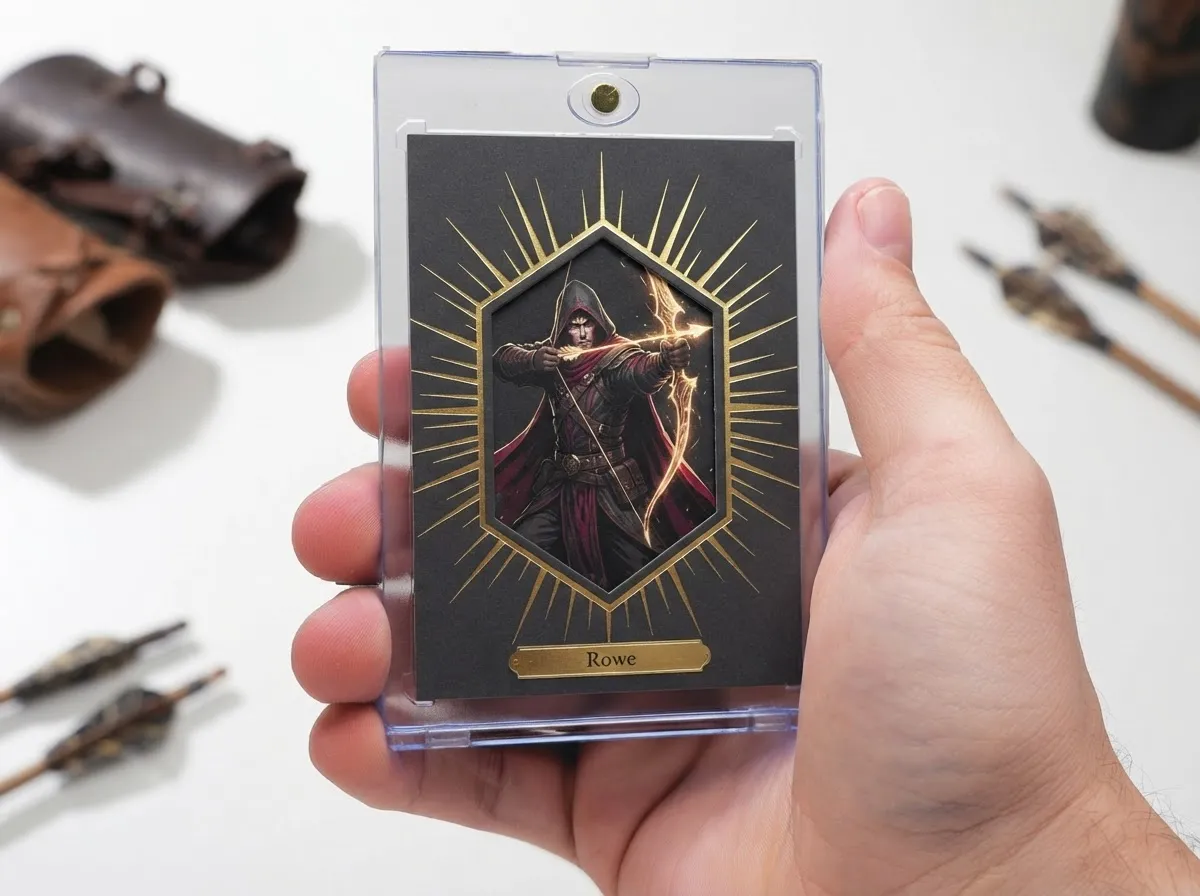 Custom sports trading card in magnetic case showing gold-foil archer framed in die-cut window.