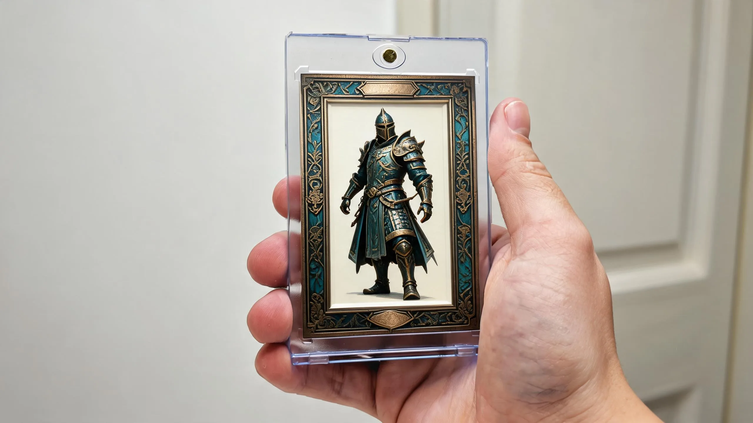 Hand holding mtg proxy maker custom card in clear magnetic case, ornate framed art-window design.