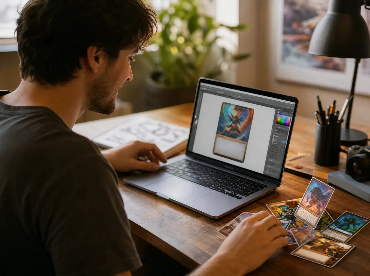 Designing custom trading cards at a desk beside freshly printed cards