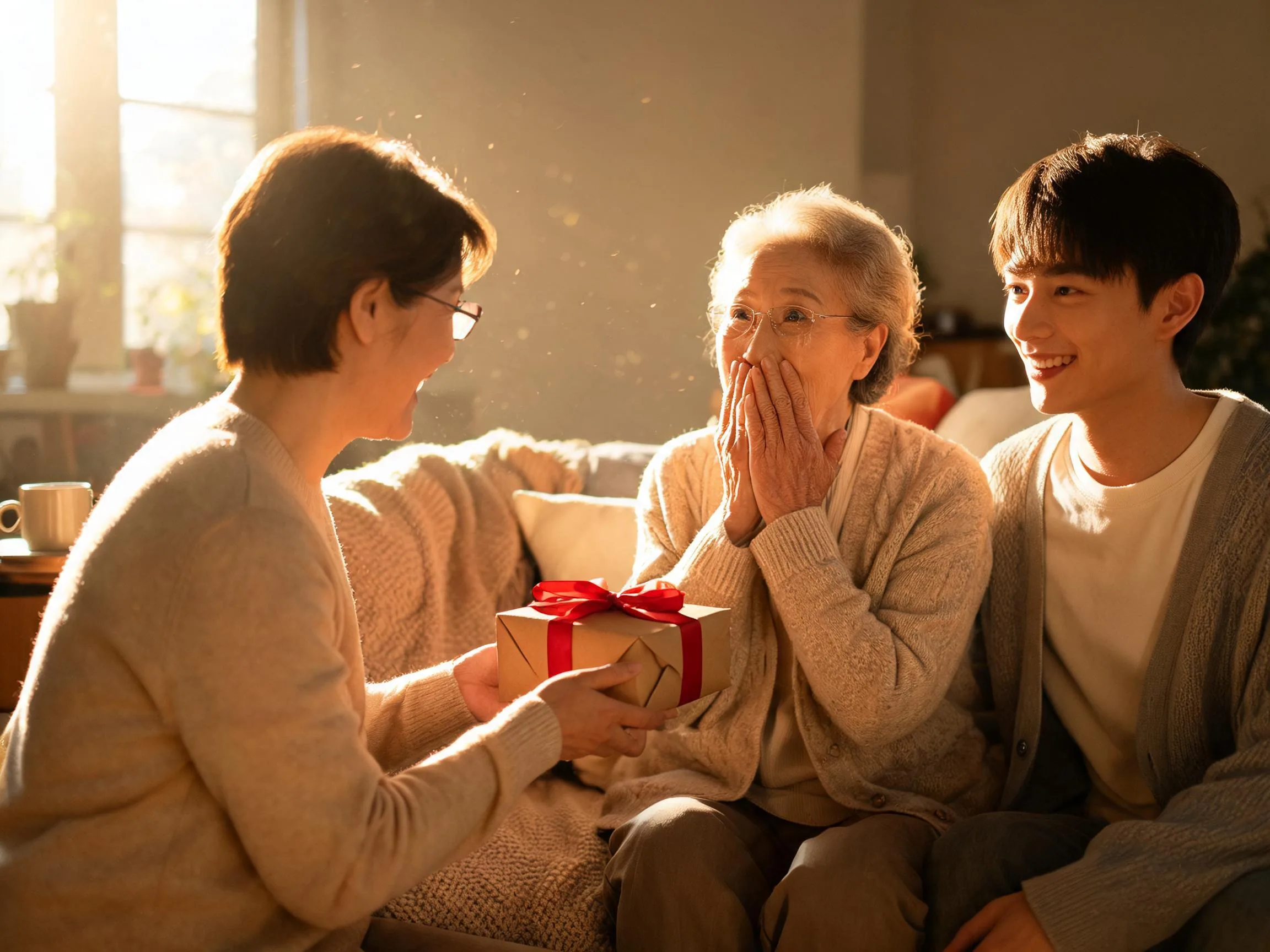 Older person receiving an unexpected gift, emotional genuine reaction, warm natural indoor light.