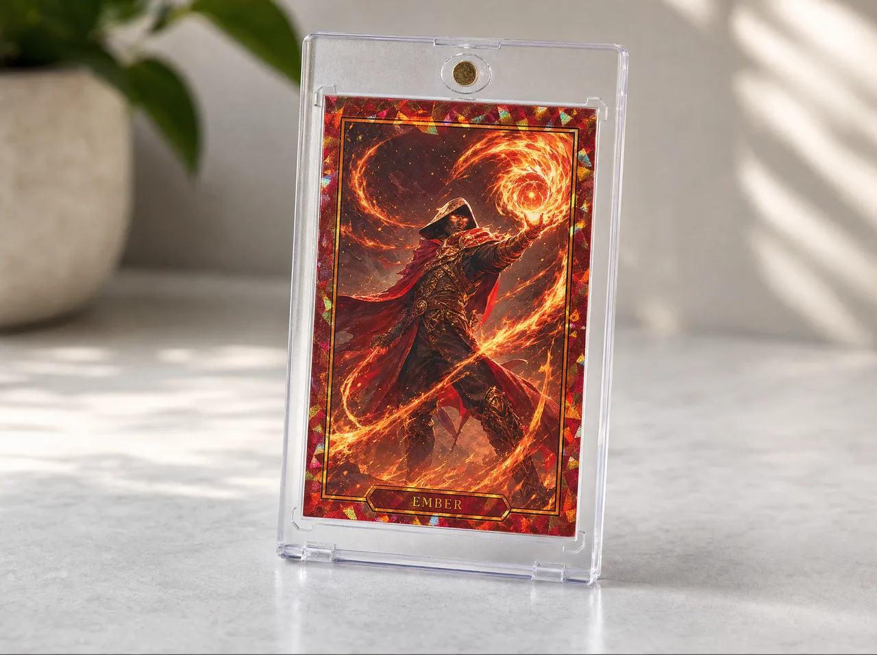 Custom MTG proxy card with original fiery sorcerer art in a display case