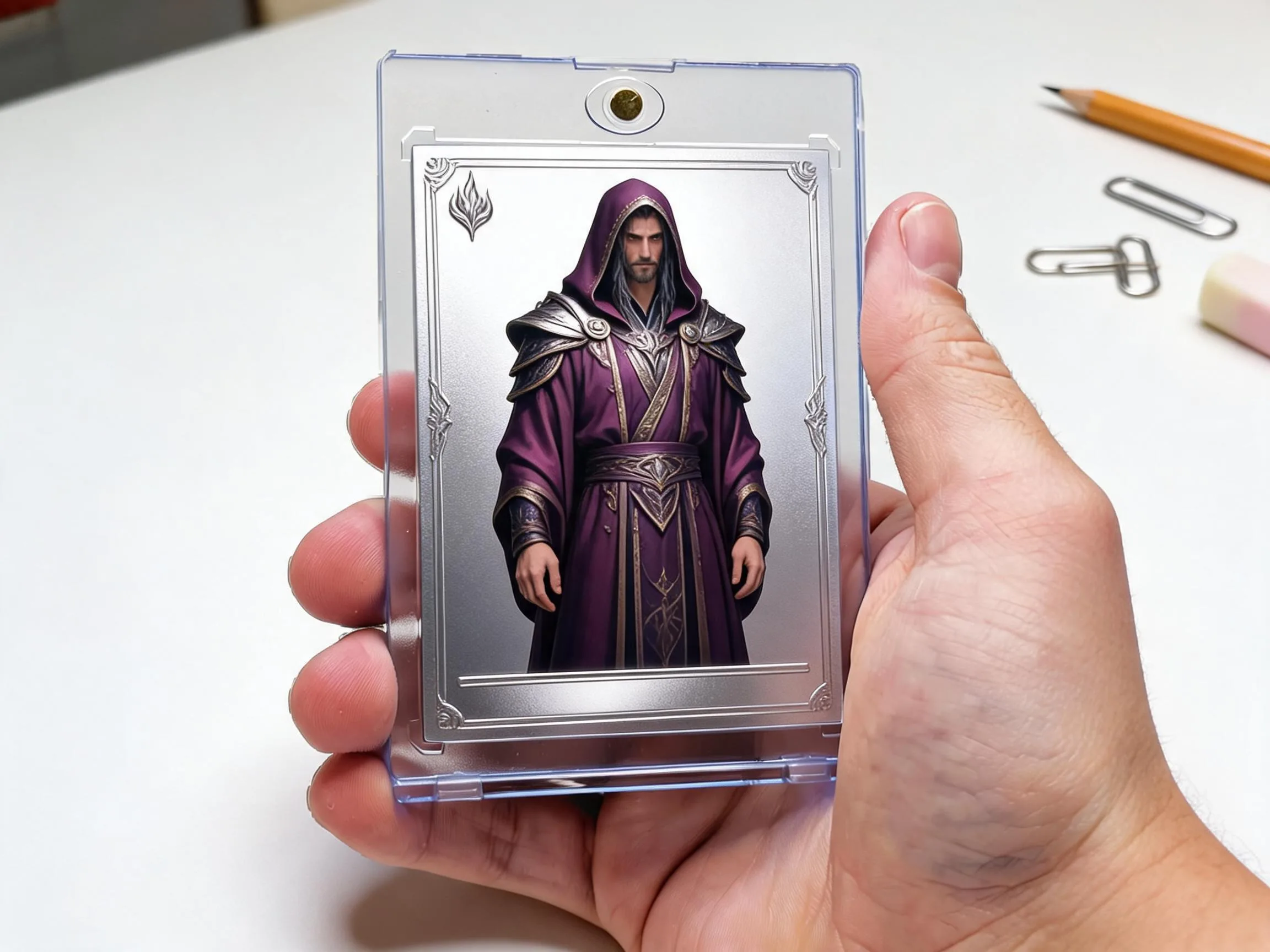 Custom keepsake trading card in magnetic case, full-art illustration with metallic border design.