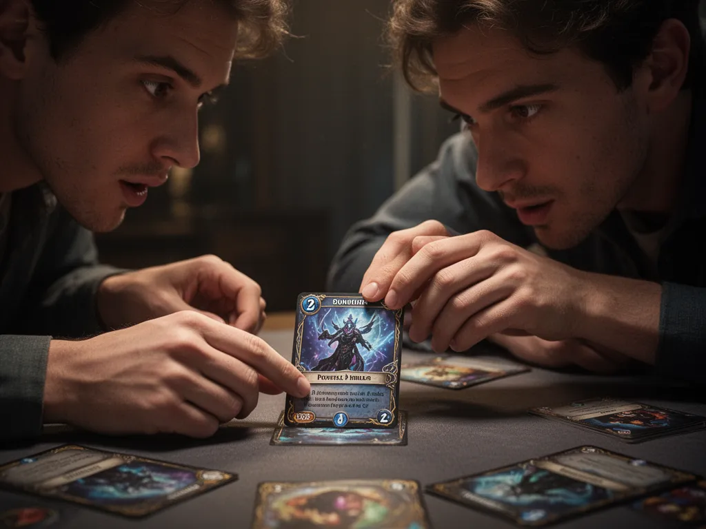 Player hands positioning spell card during crucial MTG game moment with opponent watching intently
